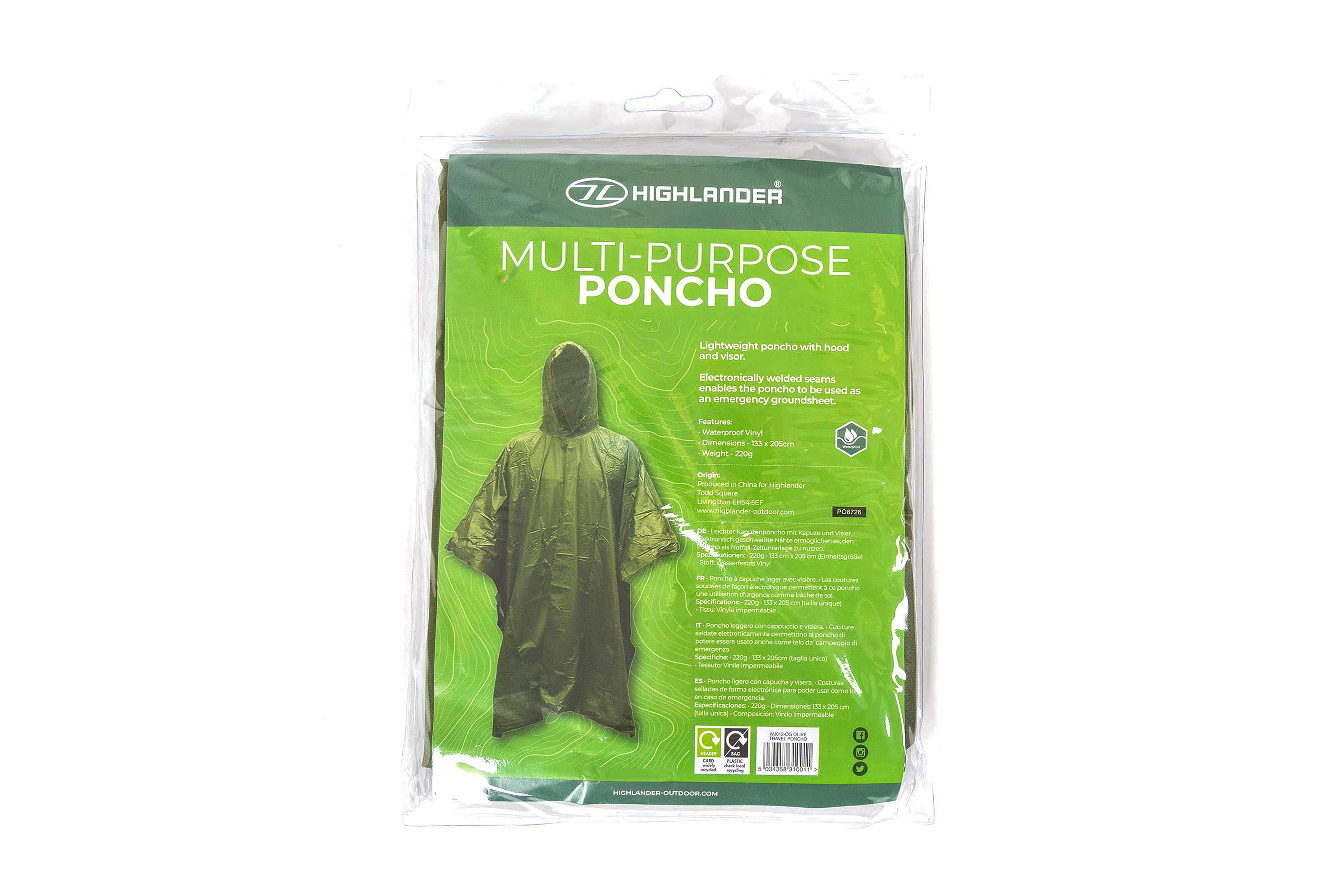 Highlander Mehrzweck-Poncho aus olivgrünem Vinyl in durchsichtiger Kunststoffverpackung mit Produktdetails und Spezifikationen.