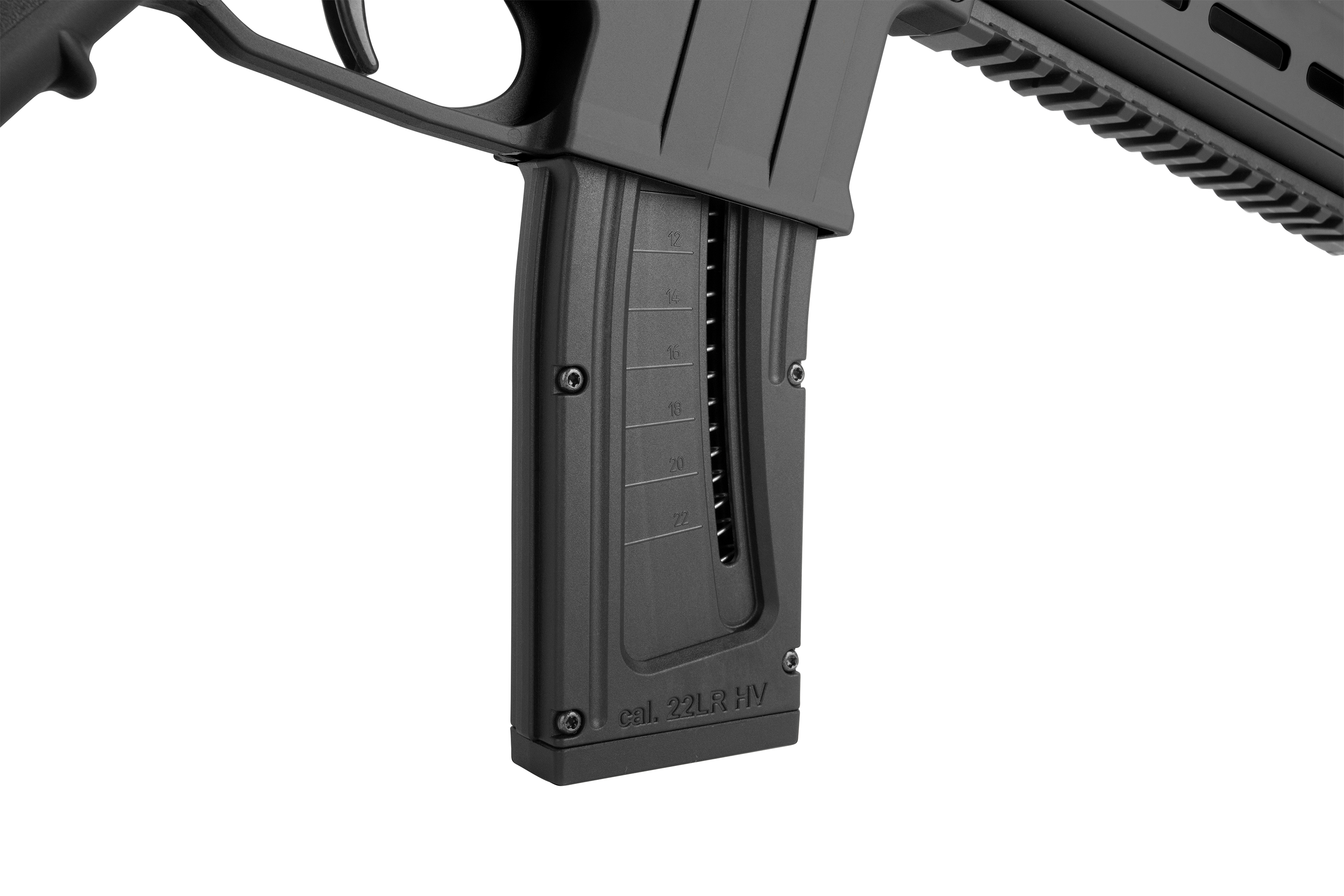 Nahaufnahme eines schwarzen Magazins für ein .22LR HV-Luftgewehr mit strukturiertem Griff und Ladeanzeige.