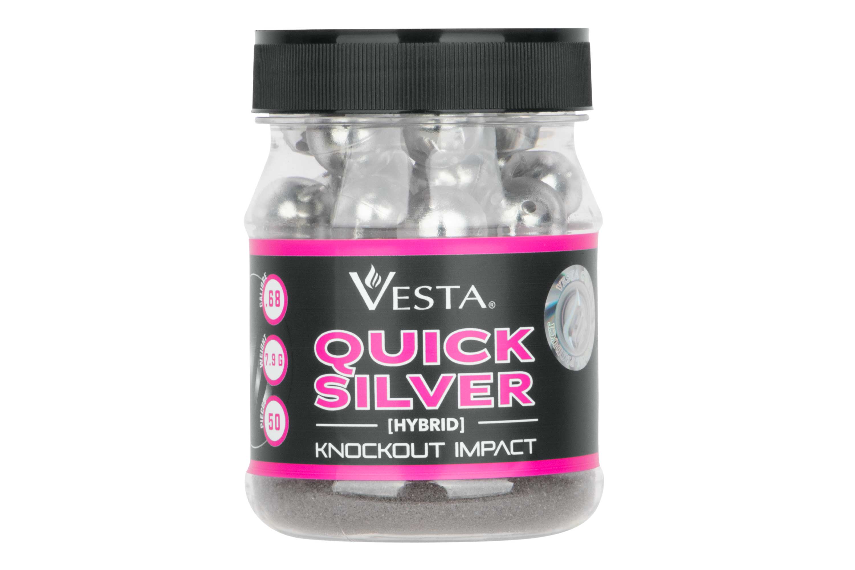 Ein durchsichtiges Plastikgefäß mit Vesta Quick Silver Hybrid-Knockout-Projektilen, Kaliber .68, mit 50 Silberkugeln.