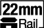 Symbol für 22mm Railschiene, zeigt stilisierte Schienenform mit Text „22mm Rail“, häufig verwendet für Waffenmontage- oder Zubehörsysteme