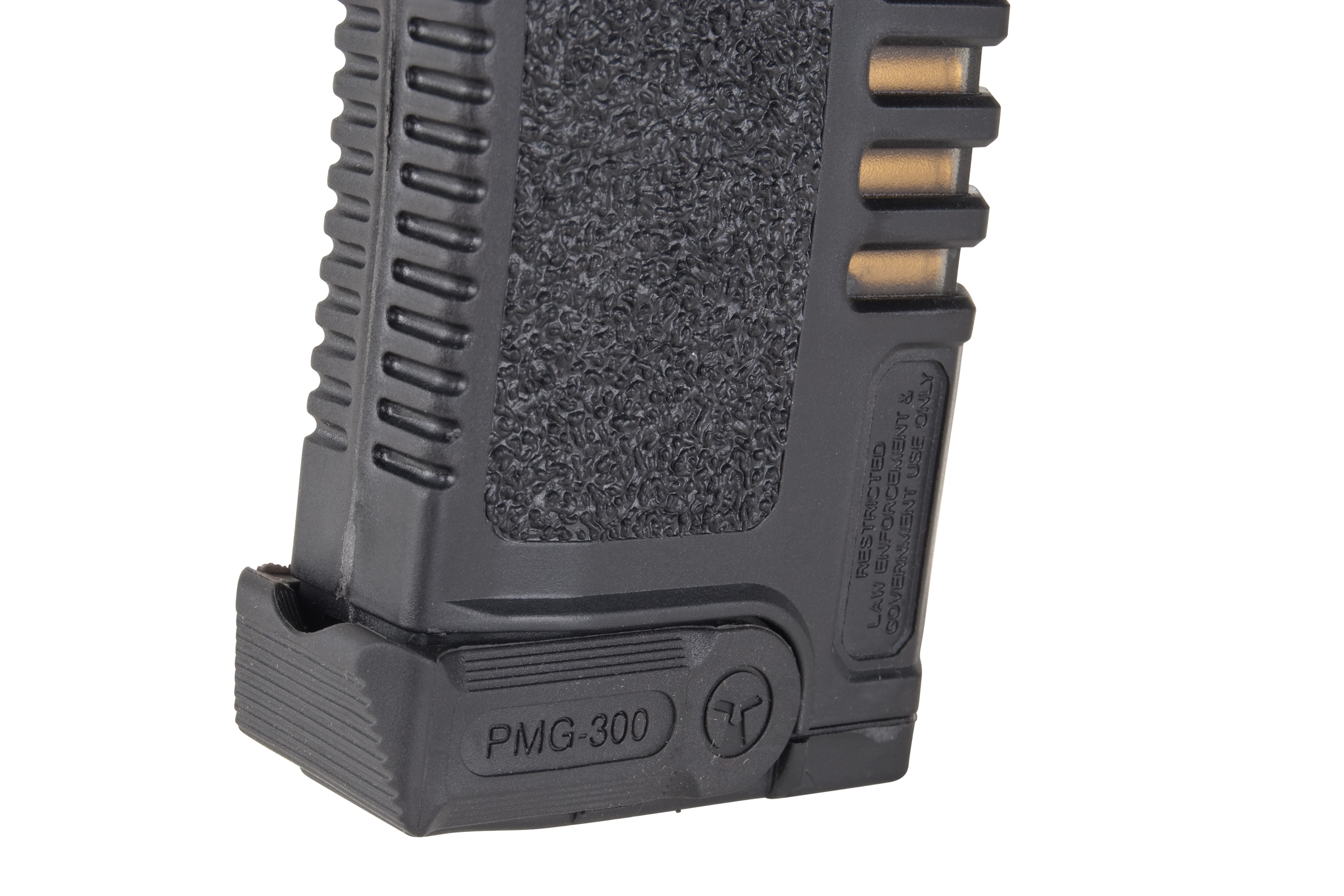PMG-300-Magazin aus schwarzem Polymer für Airsoft-Gewehre mit strukturierter Griffoberfläche und robustem taktischem Design.
