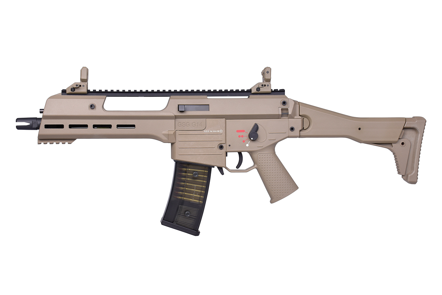 GSG G14 Airsoft-Gewehr in hellbrauner Farbe mit Polymergehäuse, taktischer Schiene und einem durchscheinenden Magazin auf weißem Hintergrund.