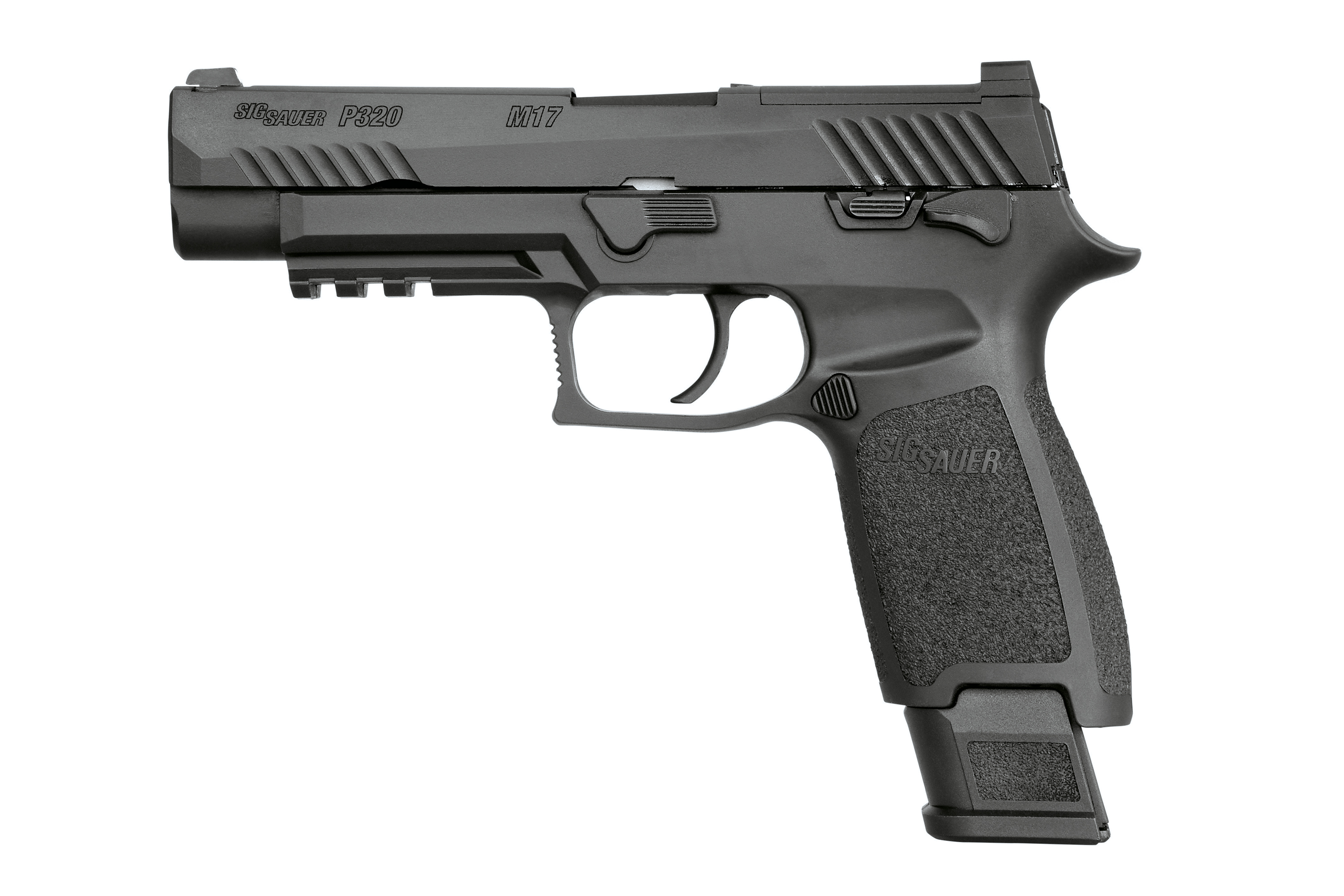 Schwarze Sig Sauer P320 M17 Luftpistole mit strukturiertem Griff, integrierter Zubehörschiene und seitlich angebrachten Bedienelementen.