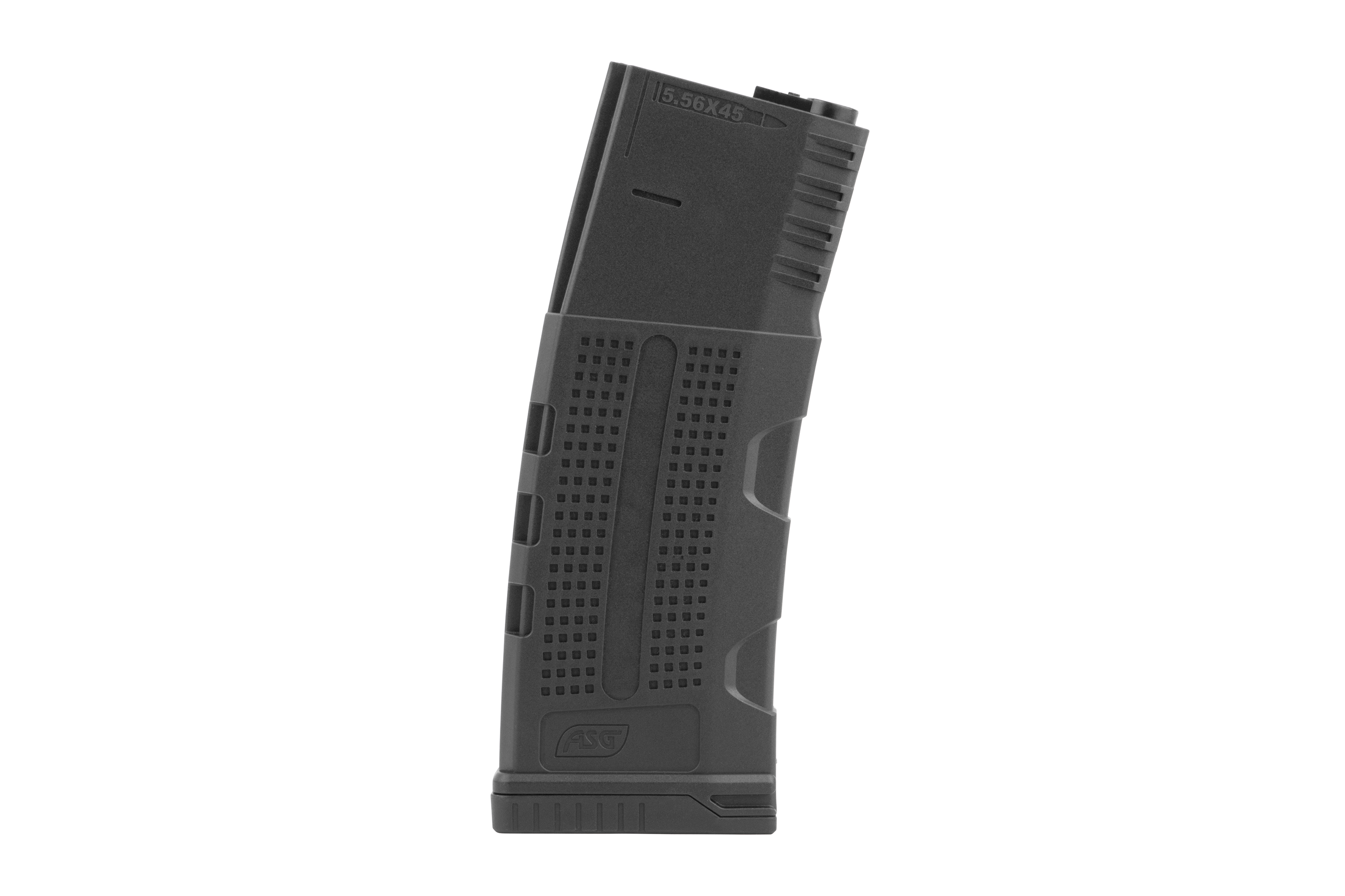 Schwarzes ASG-Polymermagazin für 5,56x45-Gewehre mit strukturierter Griffoberfläche für verbesserte Handhabung und zuverlässige Zuführung.