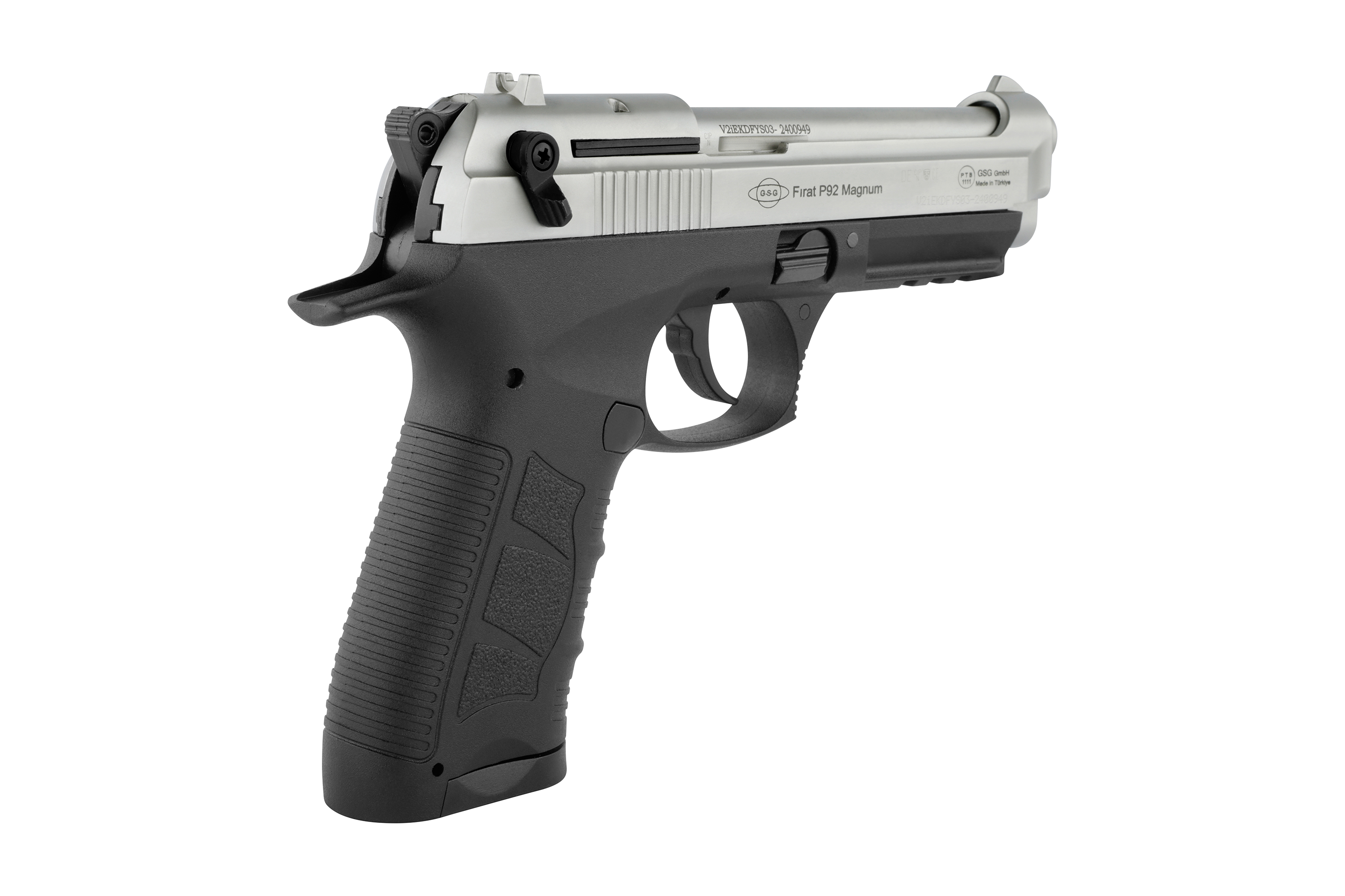 GSG Firat P92 Magnum Luftpistole mit silbernem Schlitten und schwarzem Griff, konzipiert für Präzisionsschießen.
