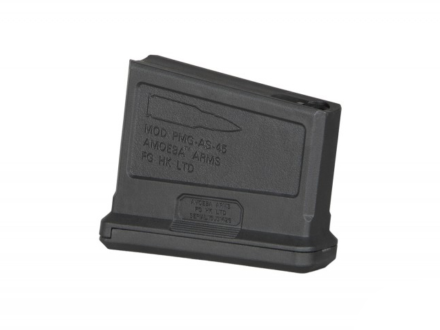 Schwarzes Amoeba Arms PMG-AS-45 Airsoft-Magazin aus langlebigem Polymer für leistungsstarke Airsoft-Gewehrausrüstung.