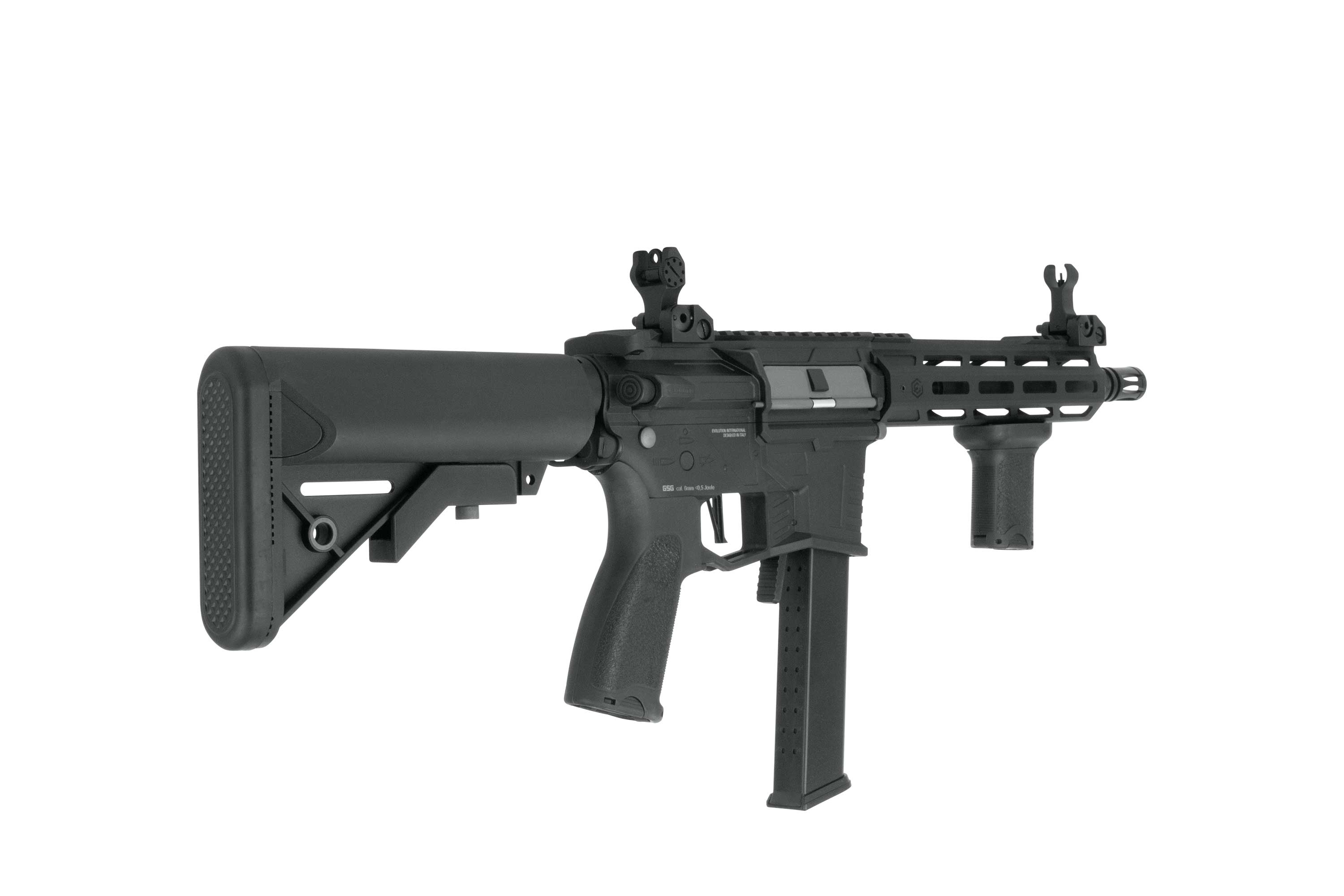 Black Evolution International Mod Reaper Airsoft-Gewehr mit taktischem Handschutz und vertikalem Vordergriff.