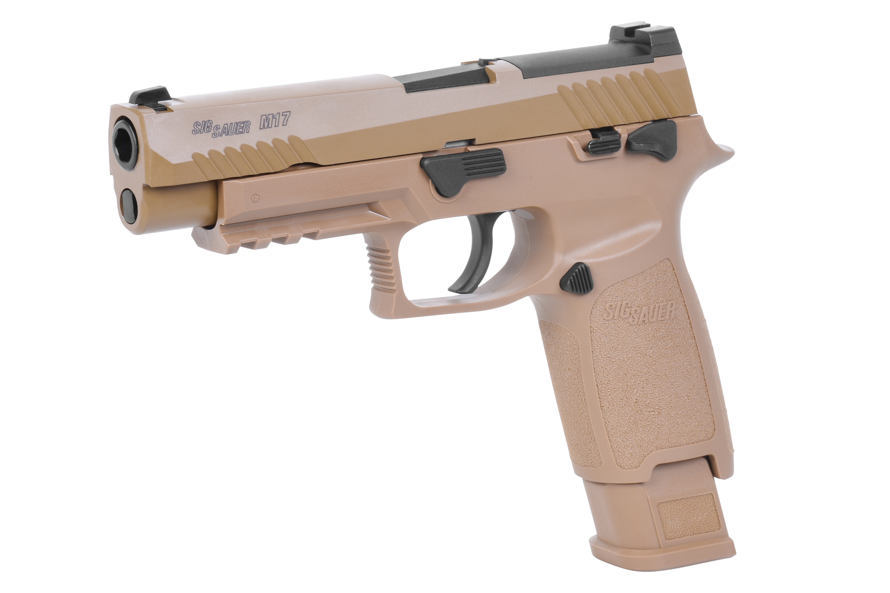 Hellbraune Sig Sauer M17-Luftpistole mit Polymerrahmen, Metallschlitten, integrierter Schiene und strukturierter Griffoberfläche.