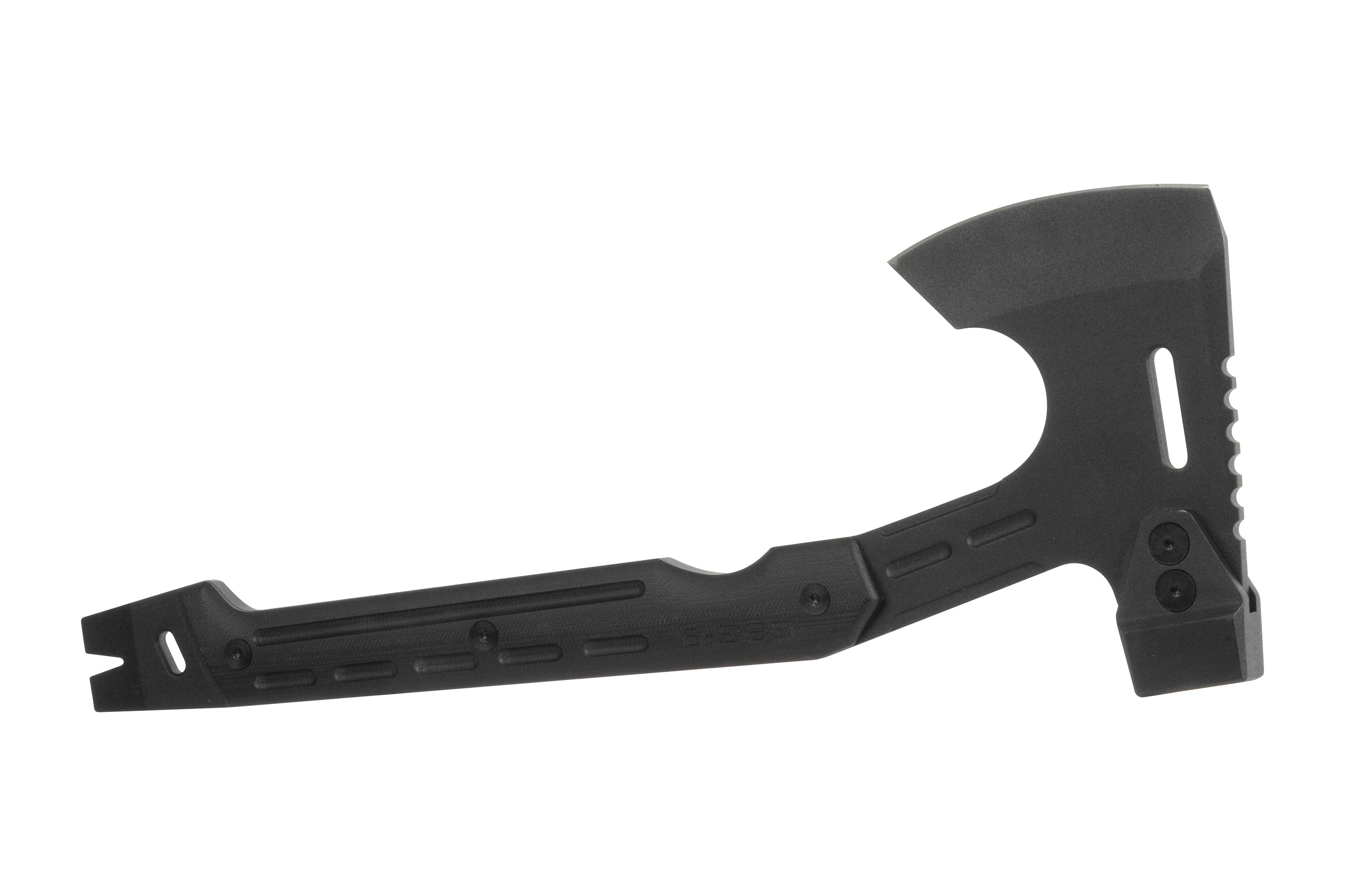 Schwarze taktische Axt mit ergonomischem Griff und integrierten Grifffunktionen für verbesserte Benutzerfreundlichkeit.