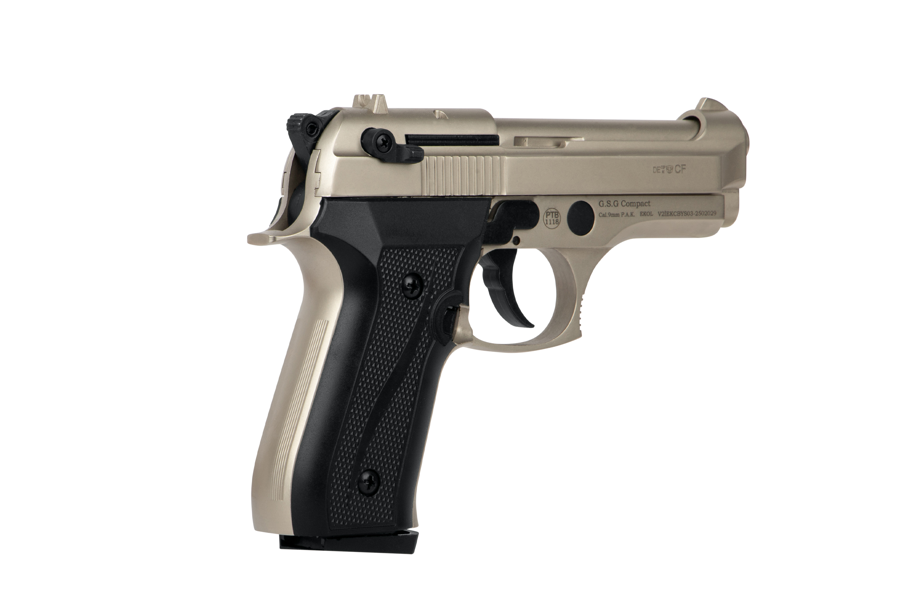 GSG Compact-Luftpistole in Hellbraun und Schwarz mit strukturiertem Griff und taktischem Design.