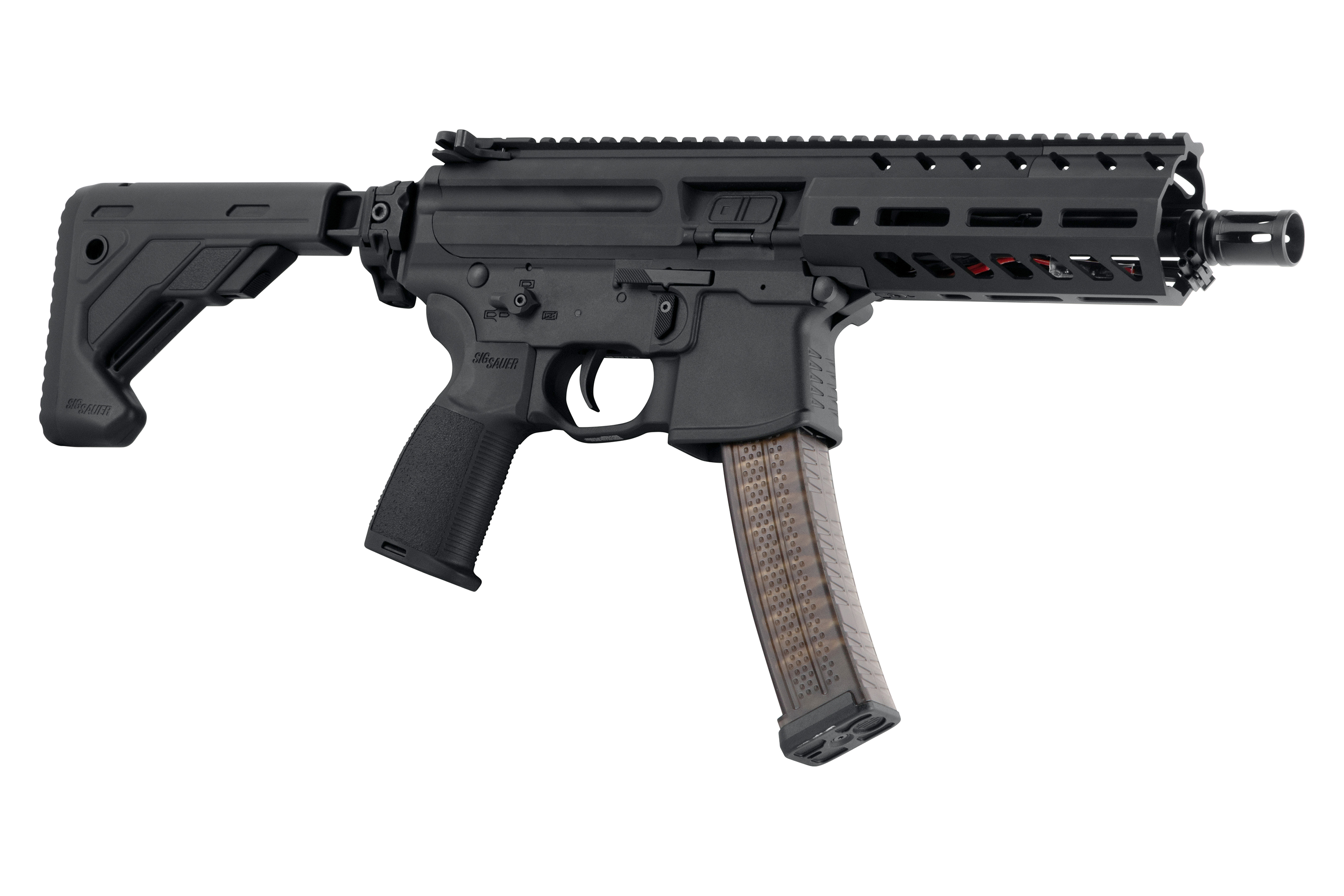 Sig Sauer MPX-Luftgewehr in Schwarz mit taktischem Schaft, modularem Handschutz und durchscheinendem Polymermagazindesign.