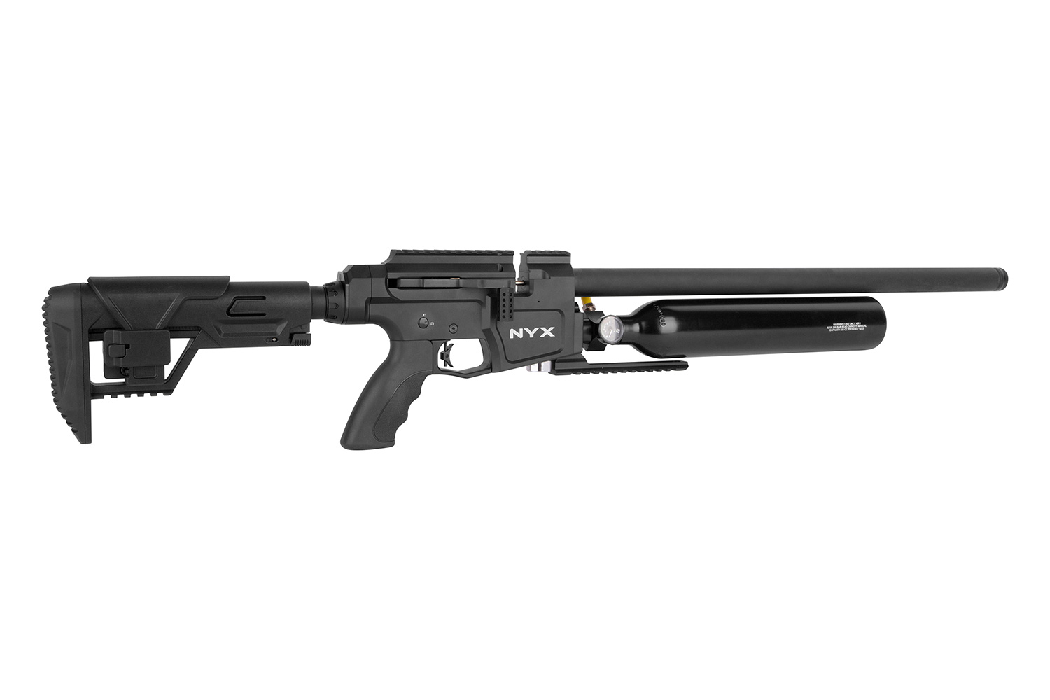 NYX-Luftgewehr mit schwarzem Schaft, langem Lauf und angebauter Luftflasche für verbesserte Schussleistung.