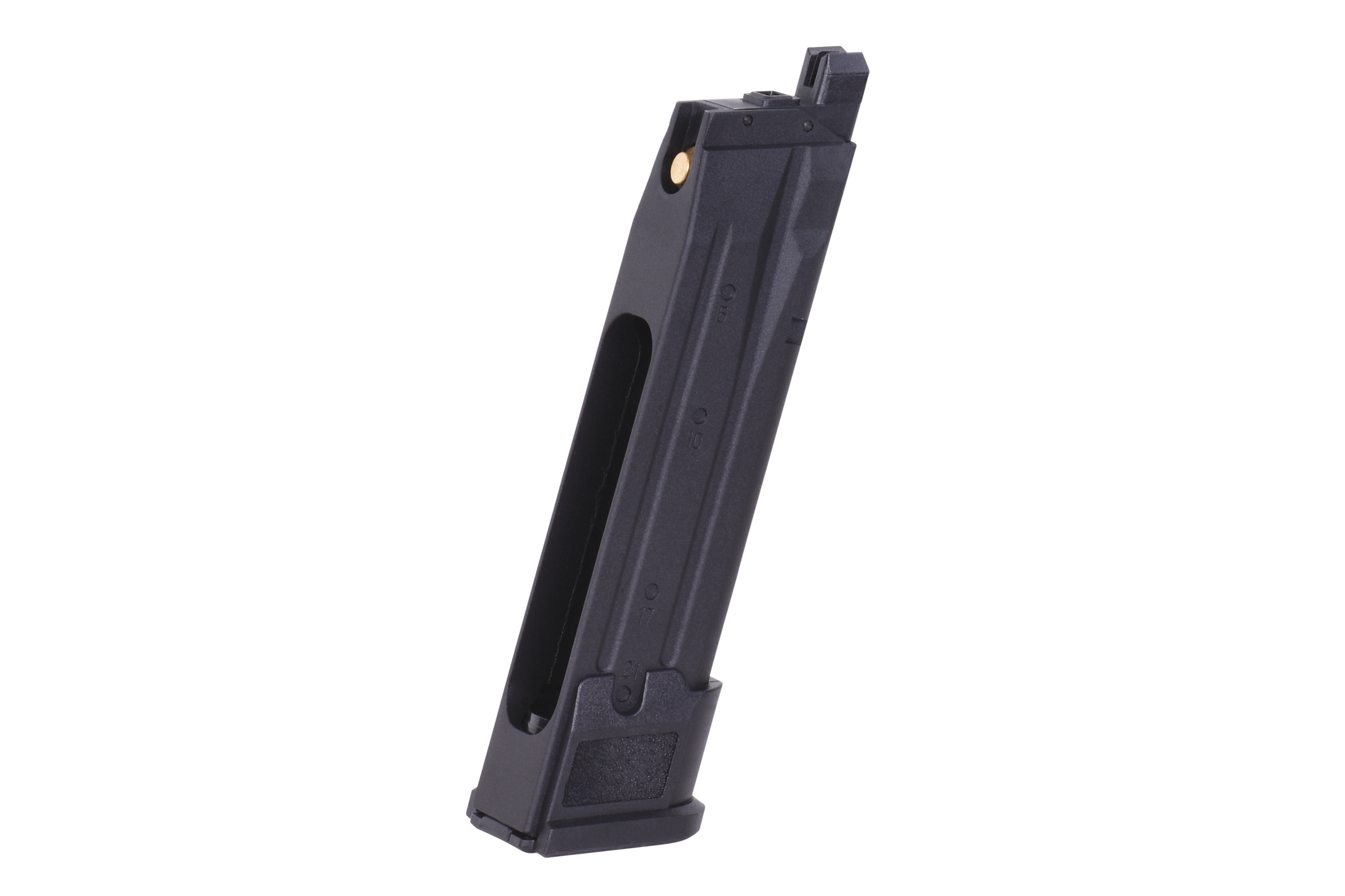 Schwarzes Metallmagazin für Luftpistolen mit robuster Konstruktion und sichtbarer BB-Ladeöffnung für Airsoft-Pistolen.