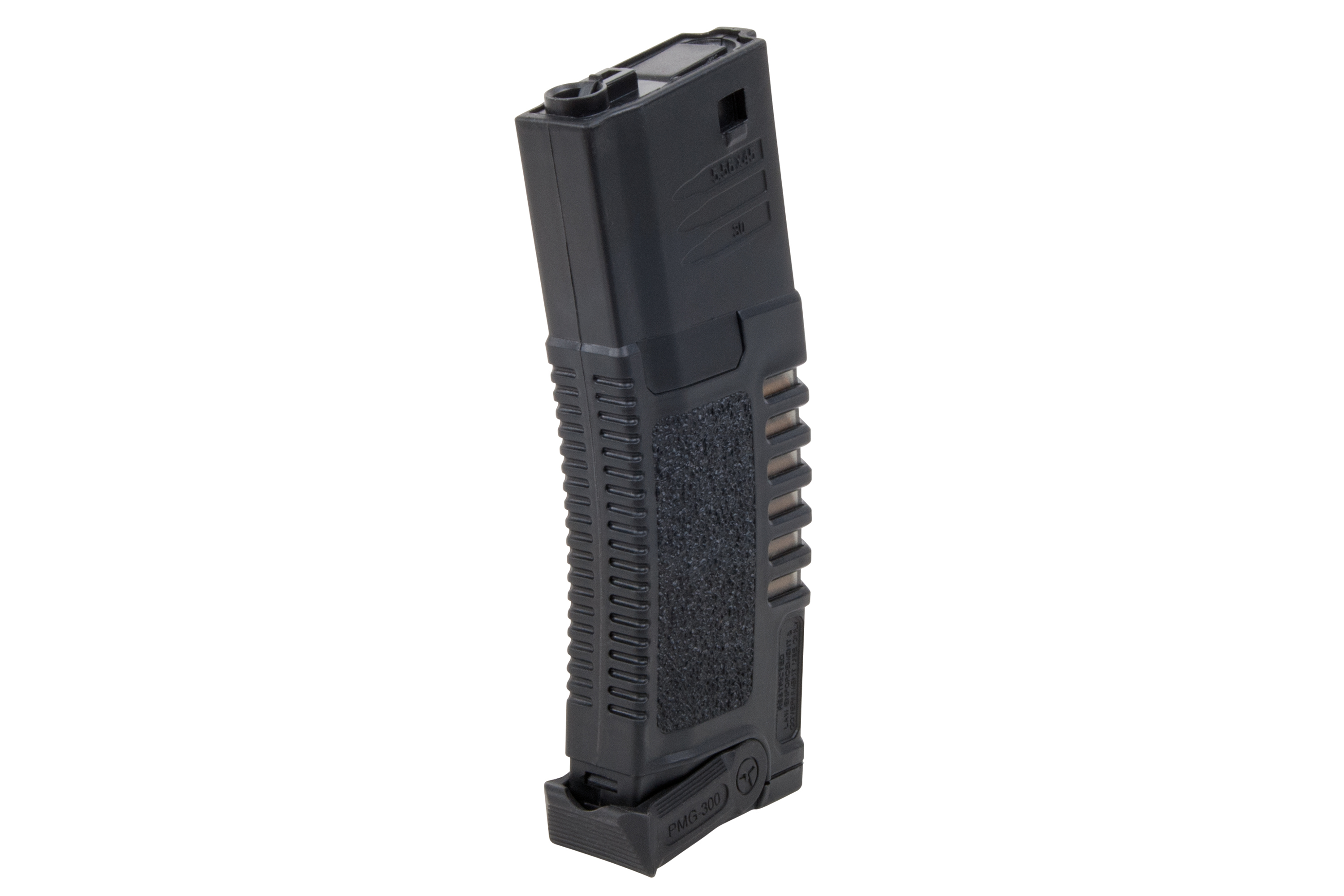PMG-300-Magazin aus schwarzem Polymer für Airsoft-Gewehre mit strukturierter Griffoberfläche und robustem taktischem Design.