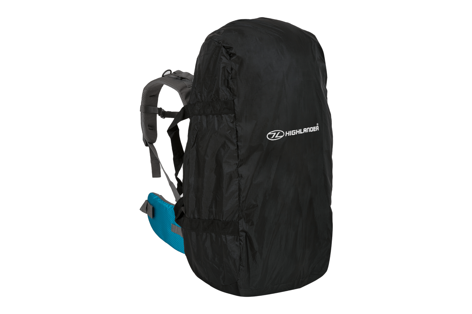 Schwarzer wasserdichter Highlander-Rucksack-Regenüberzug mit weißem Logo, grauen Trägern und einem leuchtend blauen Hüftgurt.