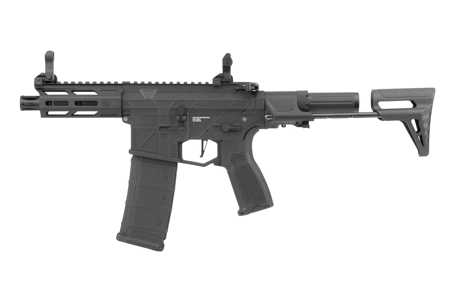 Black Evolution International Ghost Airsoft-Gewehr mit verstellbarem Schaft, Polymer-Handschutz und taktischer Eisenvisierung.