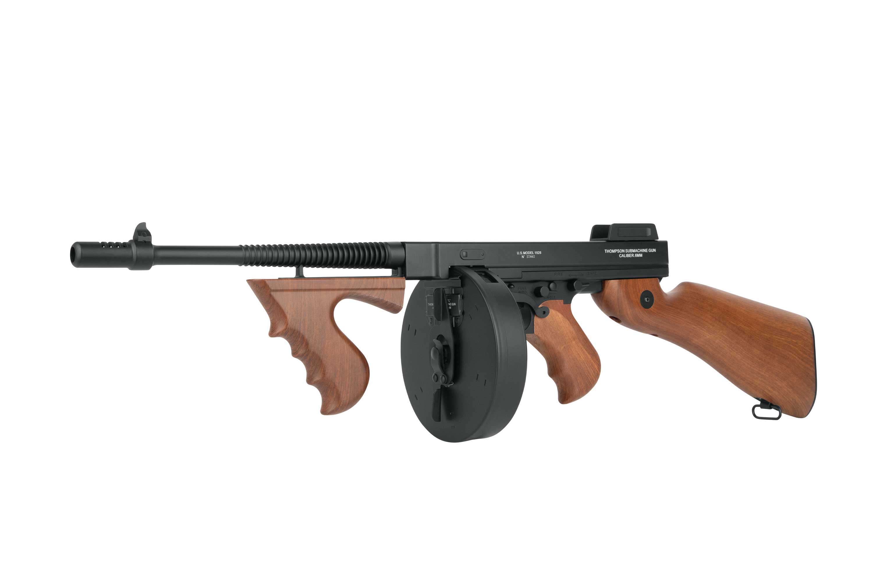 Nachbildung der Airsoft-Maschinenpistole Thompson M1928 mit schwarzem Metallfinish, Trommelmagazin und realistischen Holzmöbeln.