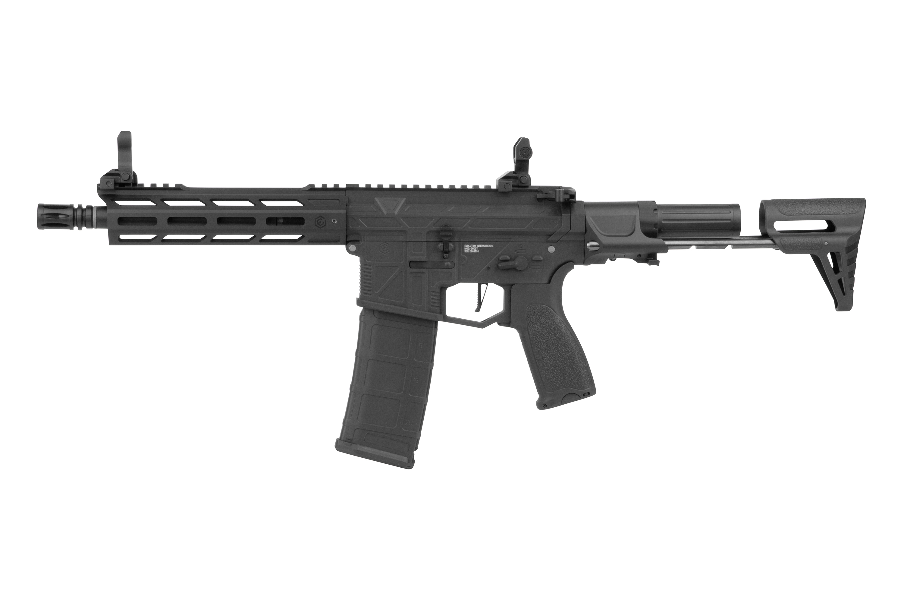 Black Evolution International Ghost Airsoft-Gewehr mit M-LOK-Handschutz, verstellbarem Schaft und taktischen Designmerkmalen.