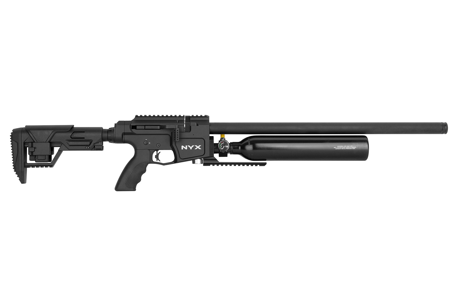 NYX-Luftgewehr mit elegantem schwarzem Design, verstellbarem Schaft und integriertem Lufttank für präzises Schießen.