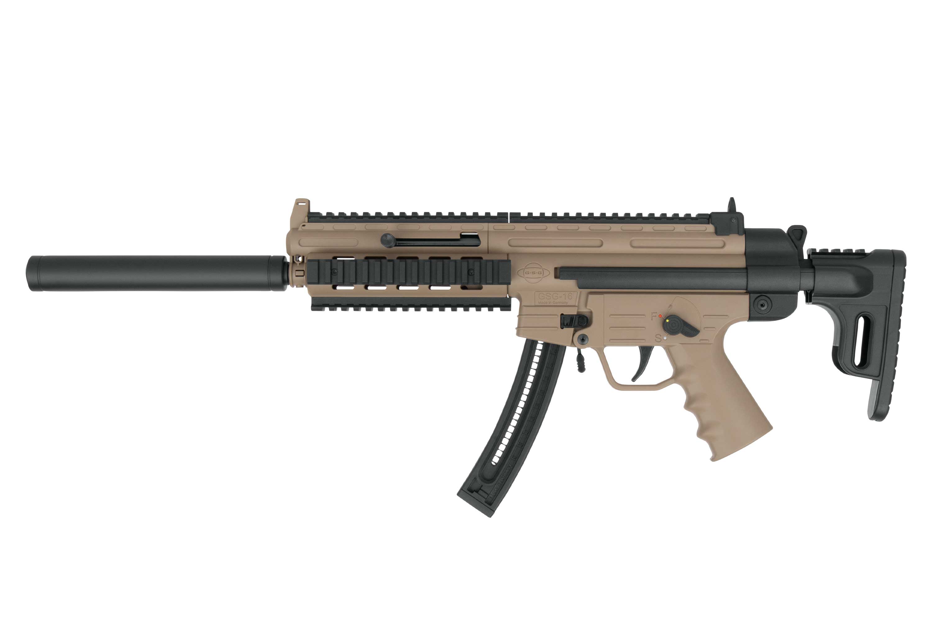 Halbautomatisches Luftgewehr GSG-16 in Hellbraun und Schwarz mit taktischem Schienensystem, Schalldämpfer und Polymerschaft.