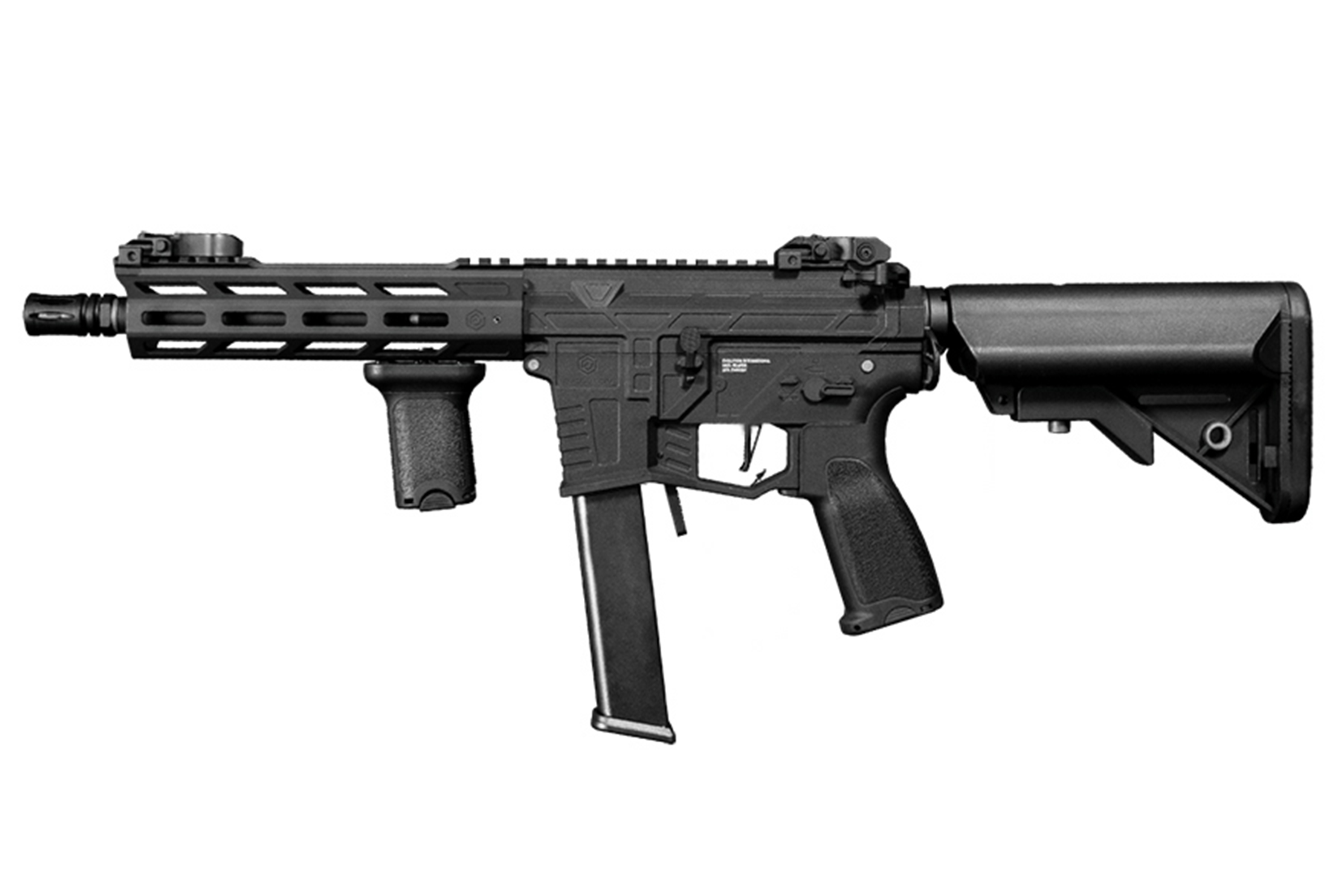 Black Evolution International Airsoft-Karabiner mit taktischem Handschutz, vertikalem Griff und verstellbarem Schaftdesign.