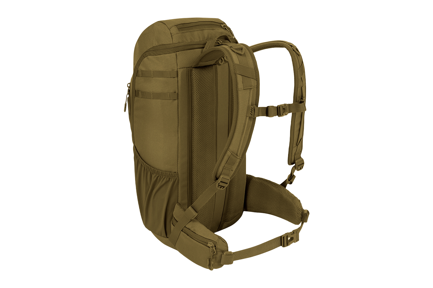 Hellbrauner taktischer Rucksack mit Rückenteil, gepolsterten Schultergurten und Hüftgurt mit Netzstoff für bequemen Tragekomfort.
