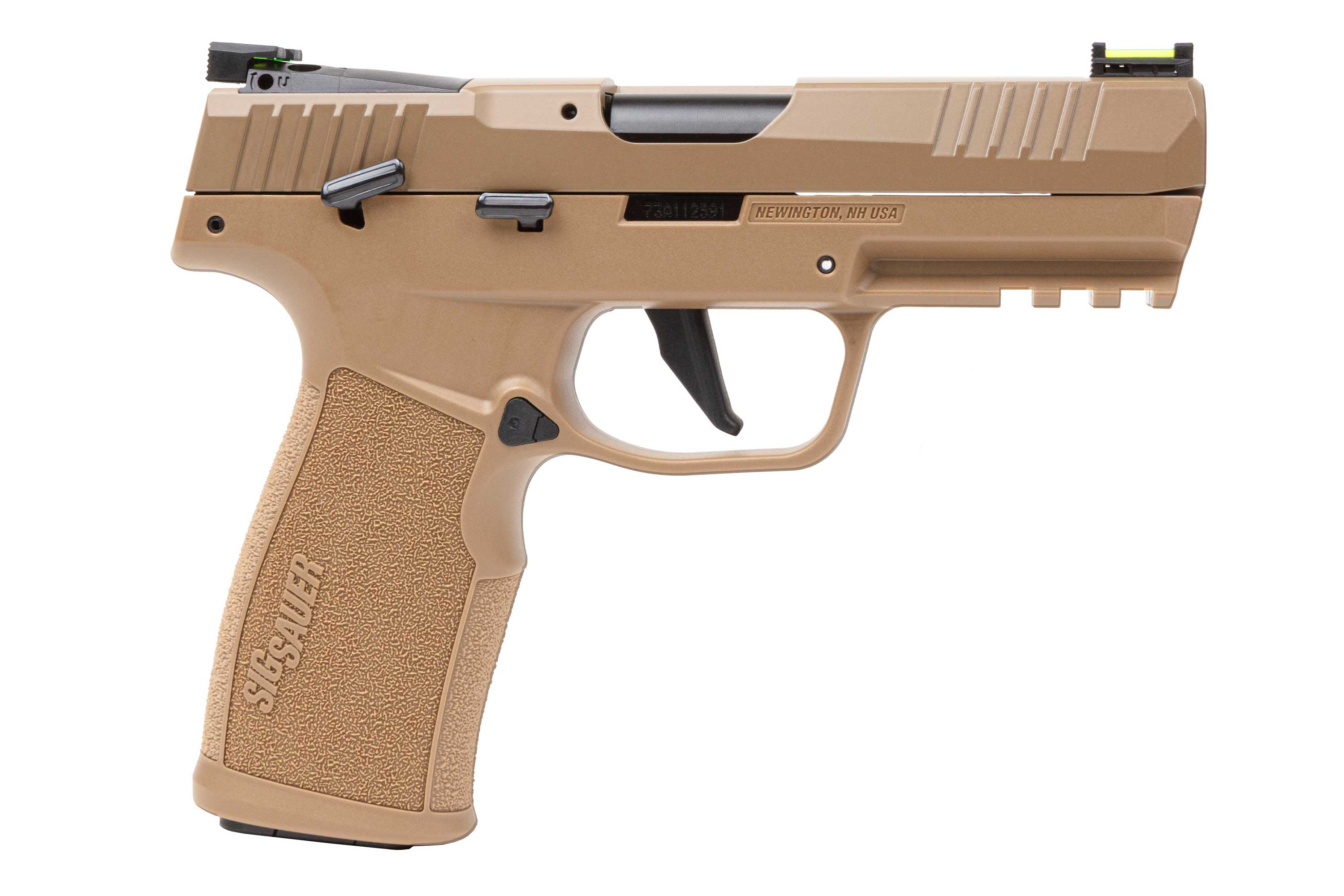 Sig Sauer P320 Luftpistole in hellbrauner Farbe mit strukturiertem Griff und taktischem Visier.