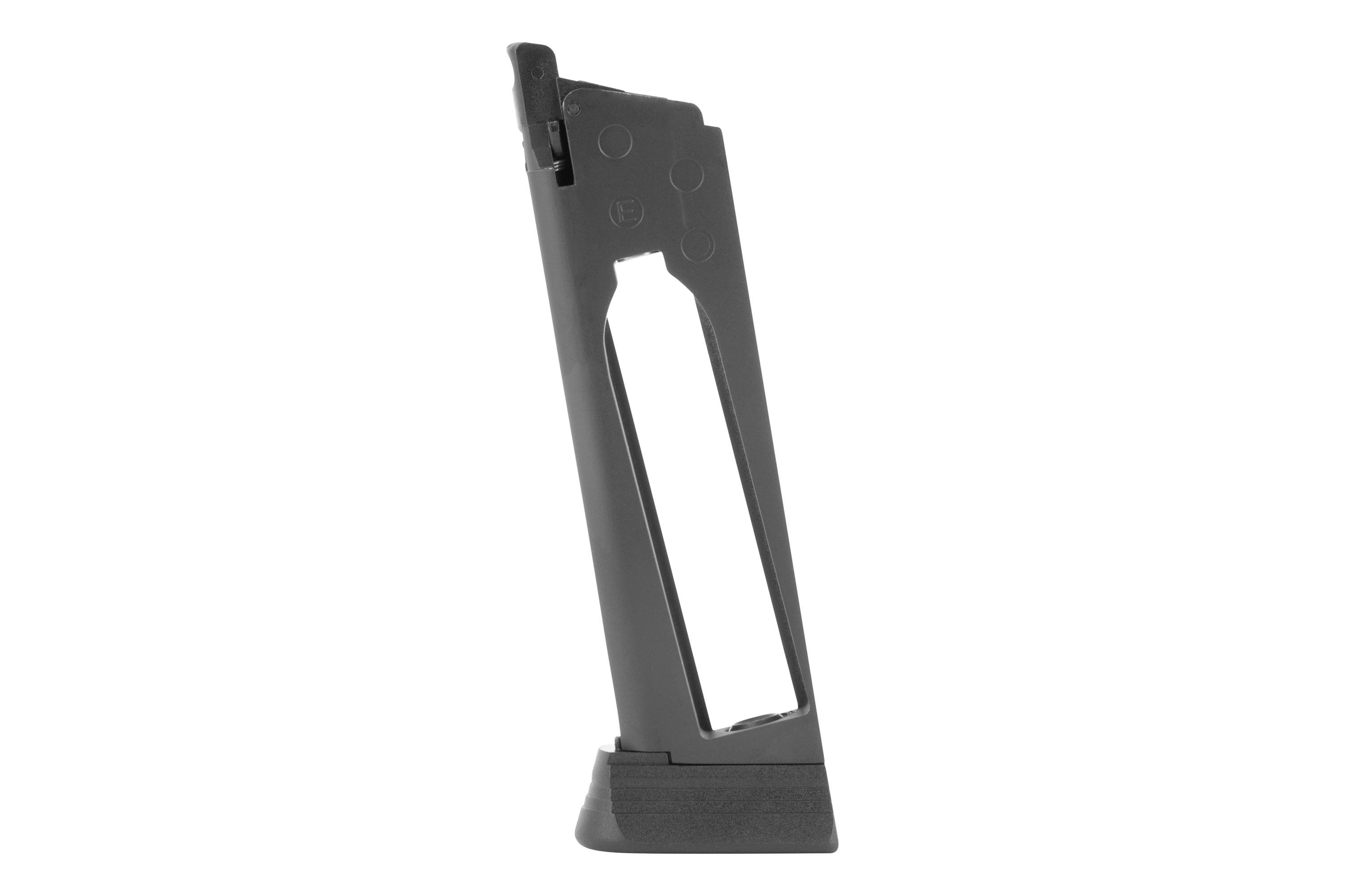 Schwarzes Luftpistolenmagazin aus Metall mit strukturierter Grundplatte, isoliert vor einem schlichten weißen Hintergrund zur Präsentation.