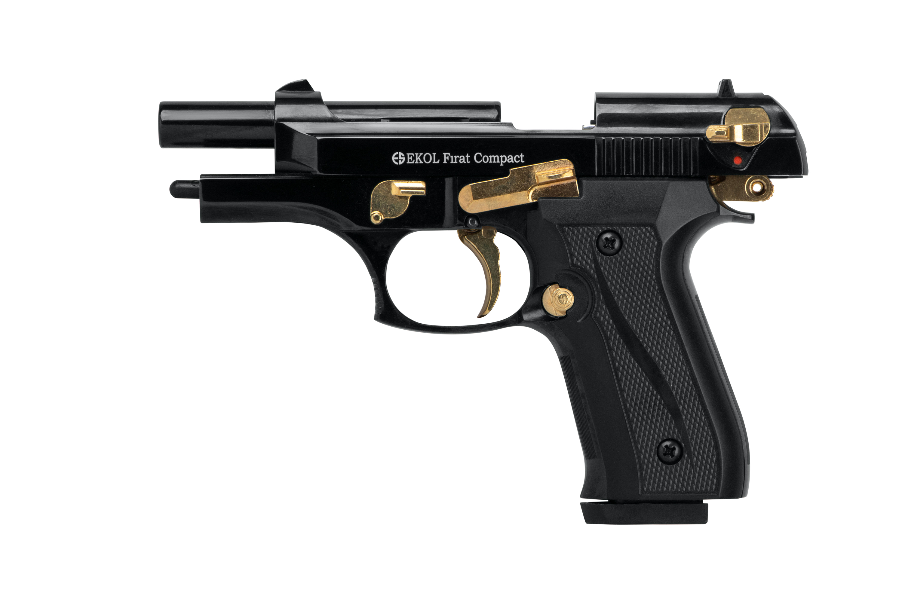Ekol Firat Compact-Luftpistole mit schwarzem Gehäuse und goldenen Akzenten, konzipiert für Präzisionsschießen.