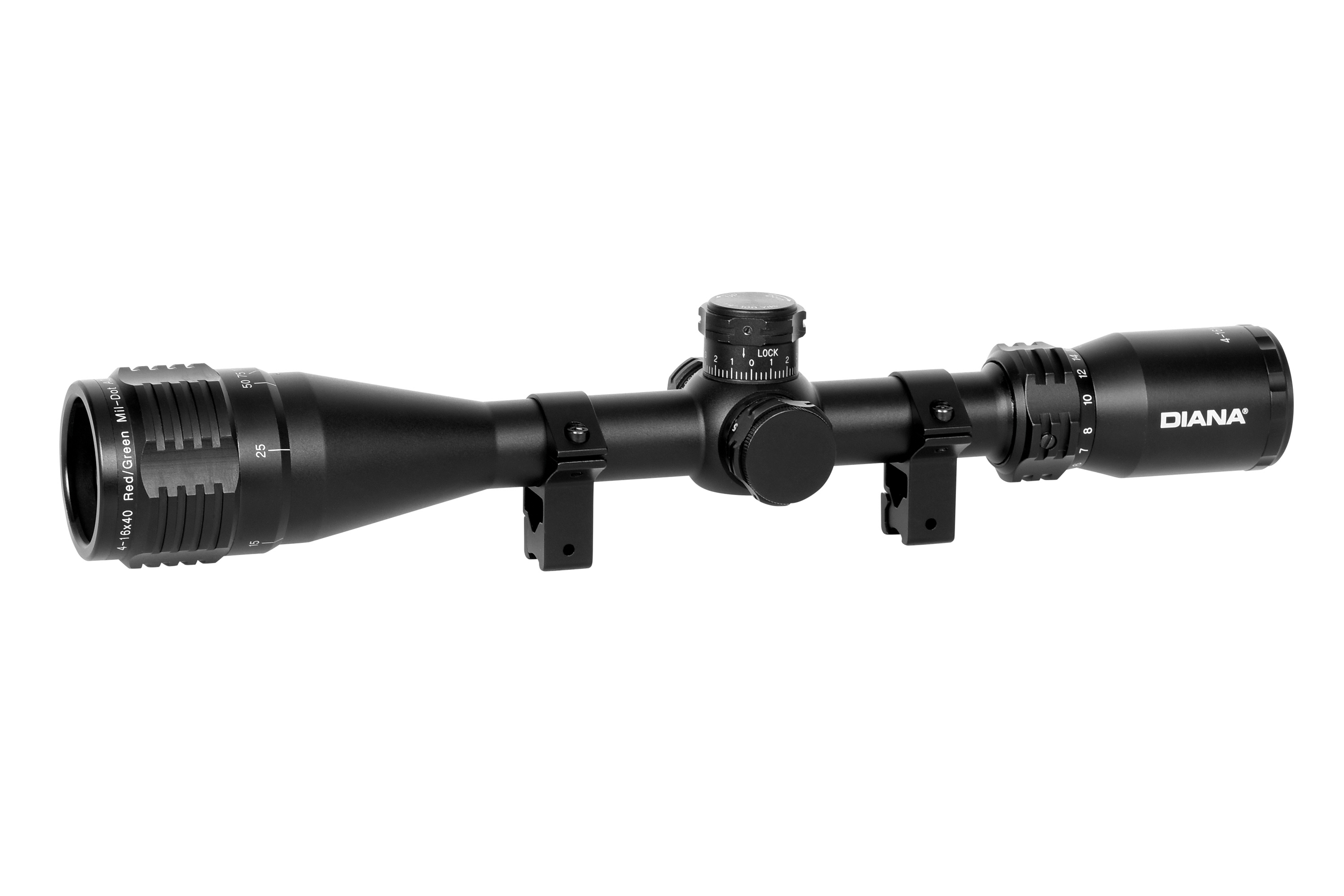 Schwarzes Zielfernrohr DIANA 4-16x40 mit rot und grün beleuchtetem Absehen, einstellbarem Zoom und Montageringen im Lieferumfang enthalten.