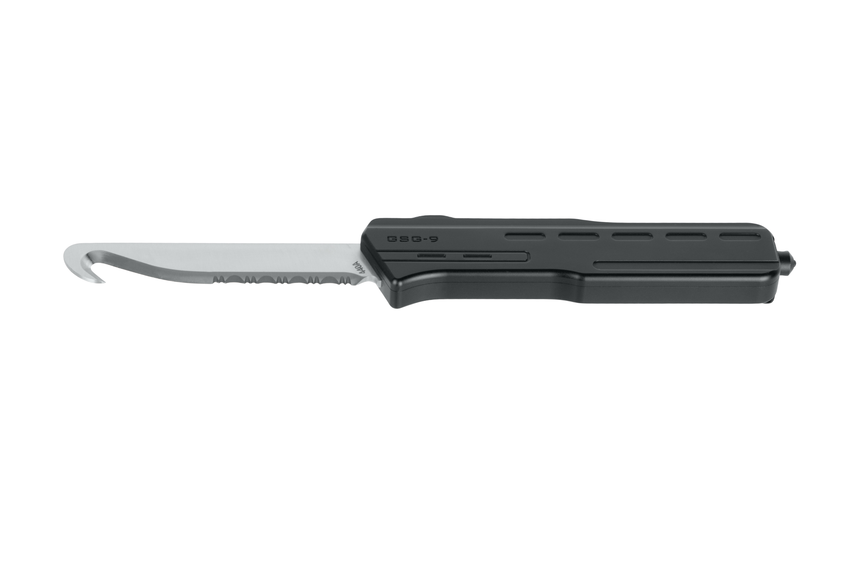 Taktisches Rettungsmesser GSG-9 mit schwarzem Griff und gezahnter Edelstahlklinge im Darmhaken-Design.