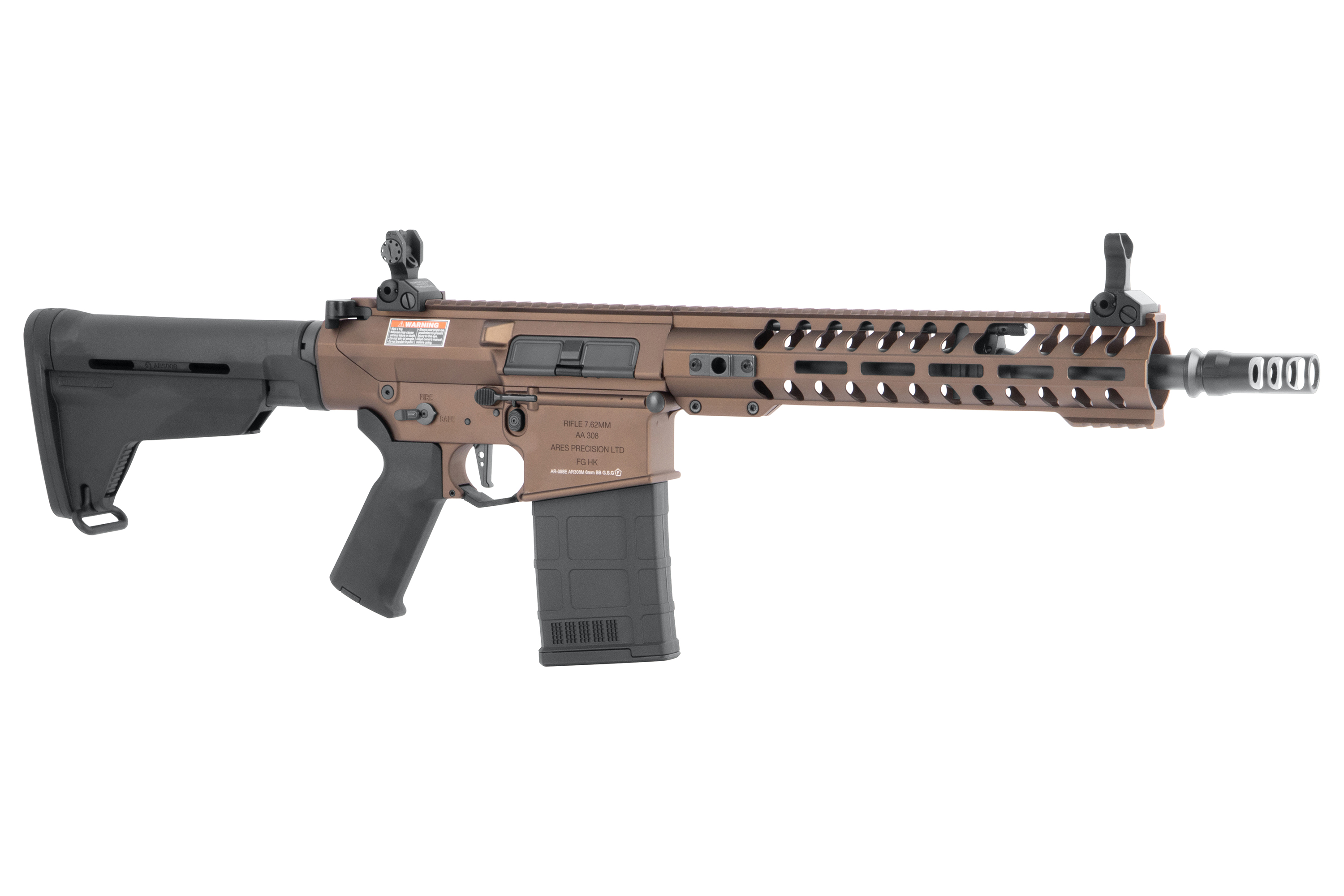 Ares Precision AA 308 Airsoft-Gewehr in Bronze und Schwarz mit modularem Handschutz, verstellbarem Schaft und Eisenvisier.