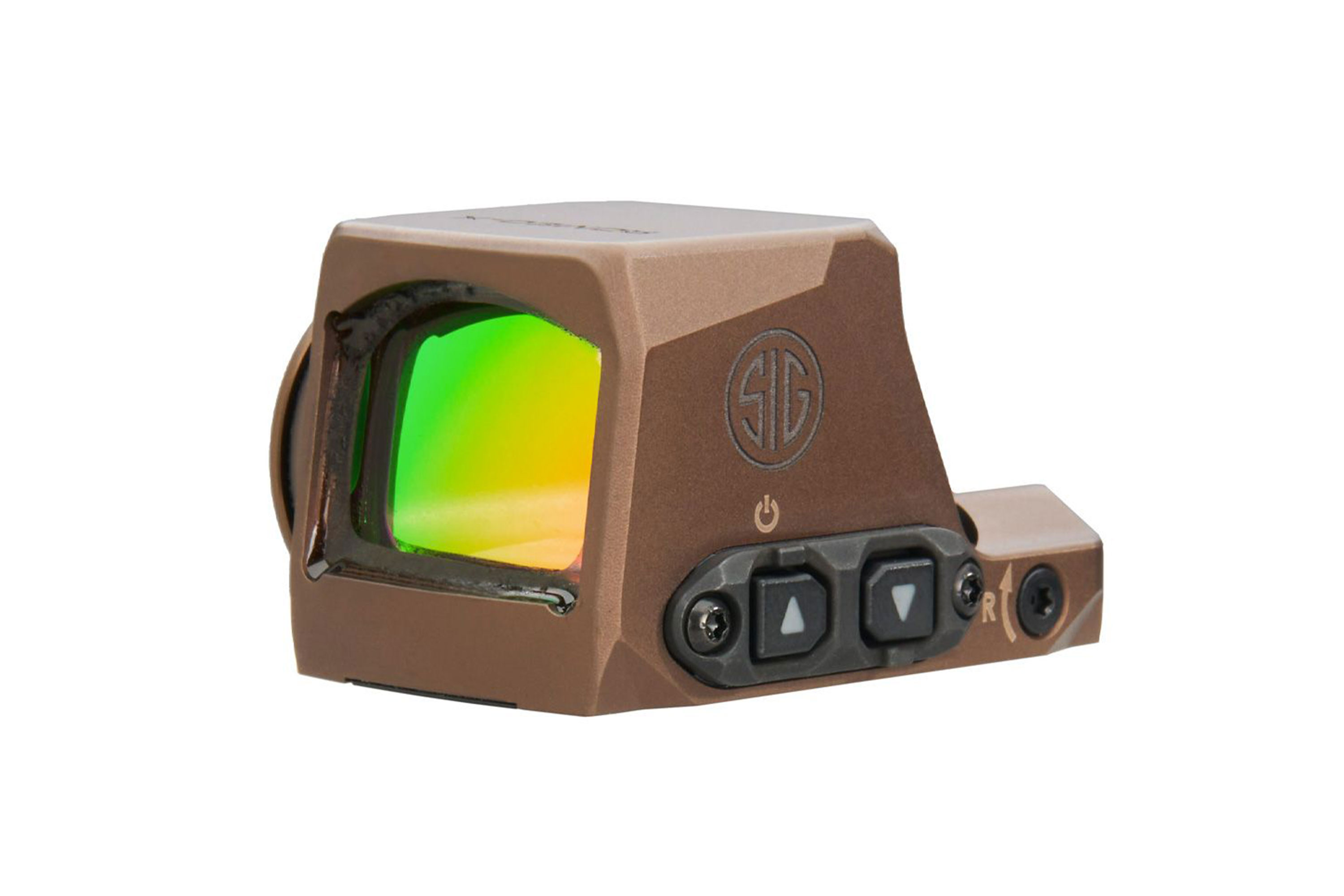 Hellbraunes SIG Sauer ROMEO-X Pro-Reflexvisier mit grün getönter Linse, seitlichen Bedientasten und einem robusten Metallgehäuse.