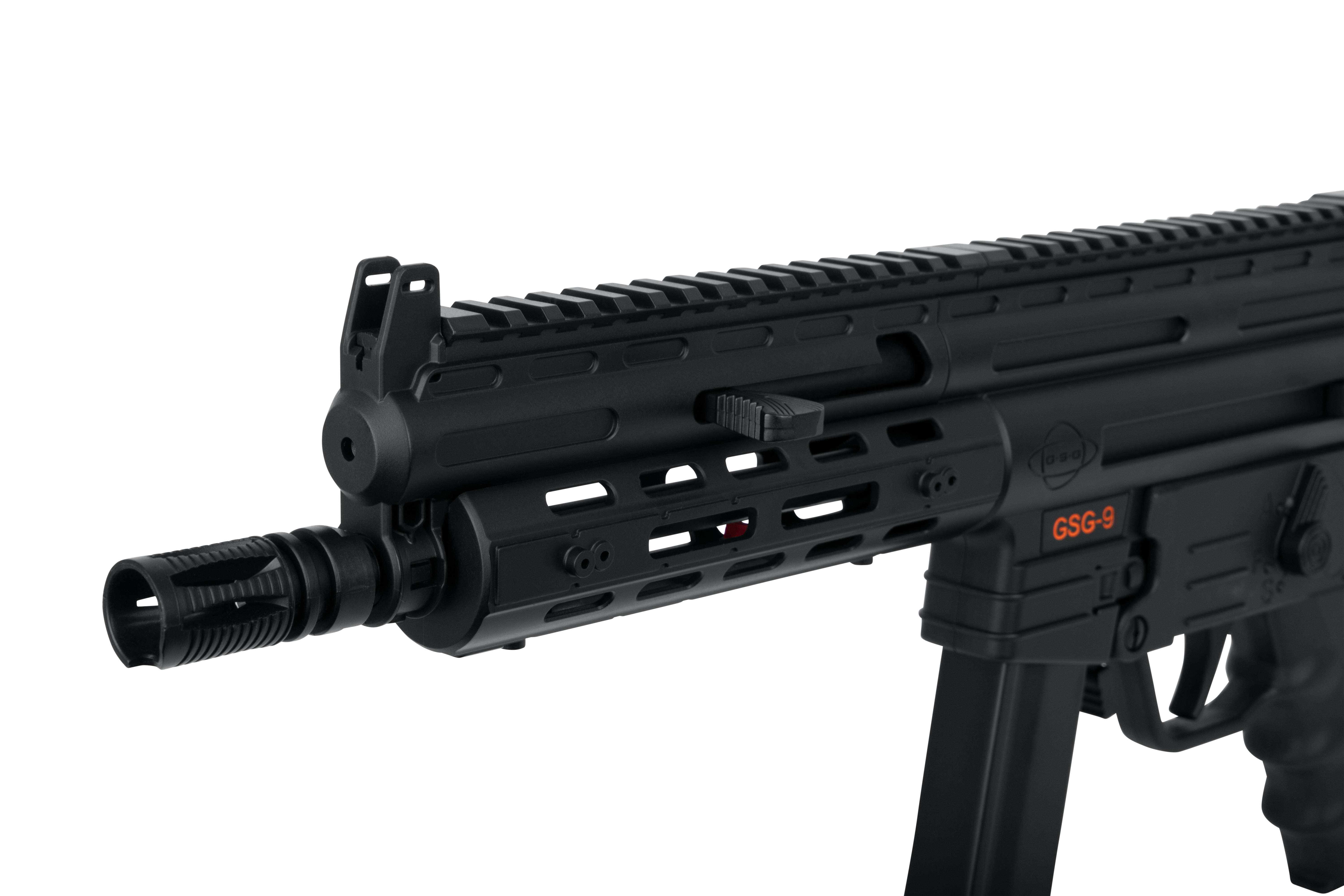 Nahaufnahme des GSG-9-Luftgewehrs mit taktischer Schiene und schwarzem Finish für verbesserte Leistung.