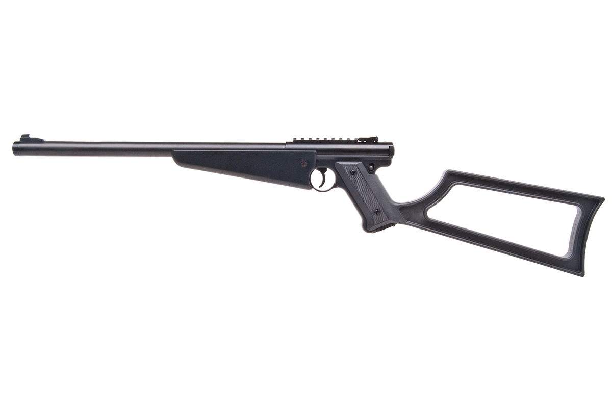 Schwarze Crosman 2240-Luftpistole mit Skelettschaft und Oberschiene, isoliert auf weißem Hintergrund für Luftgewehr-Enthusiasten.
