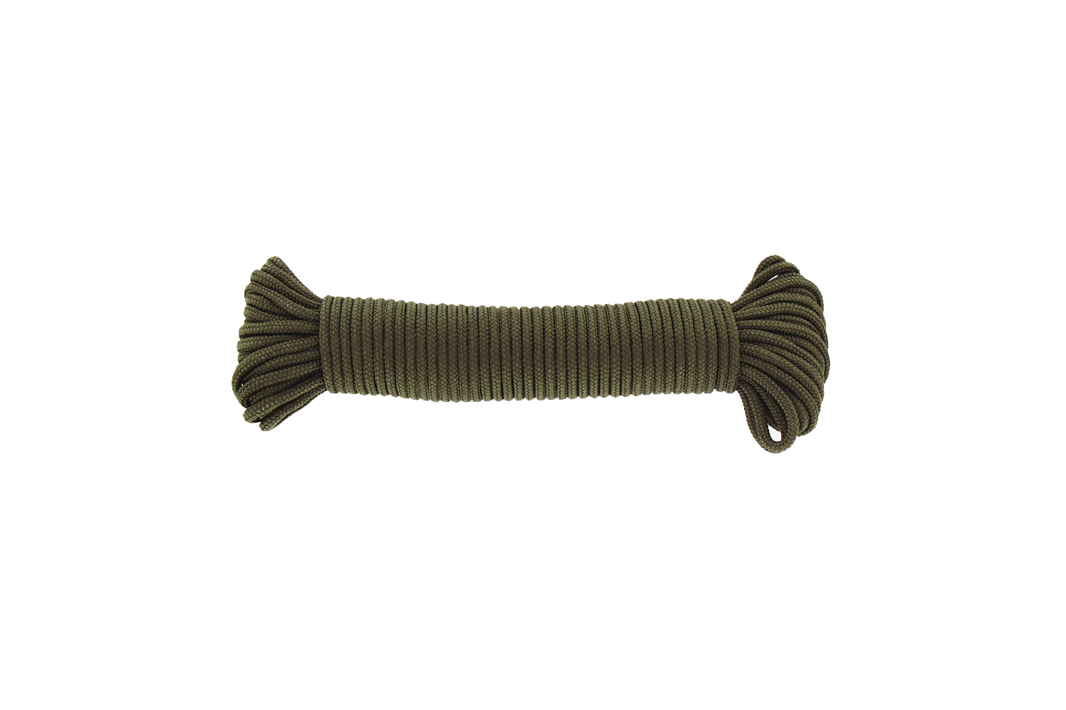 Ein eng gewickeltes Stück strapazierfähiges olivfarbenes Paracord, ideal für taktische Outdoor-Ausrüstung und Survival-Ausrüstung.