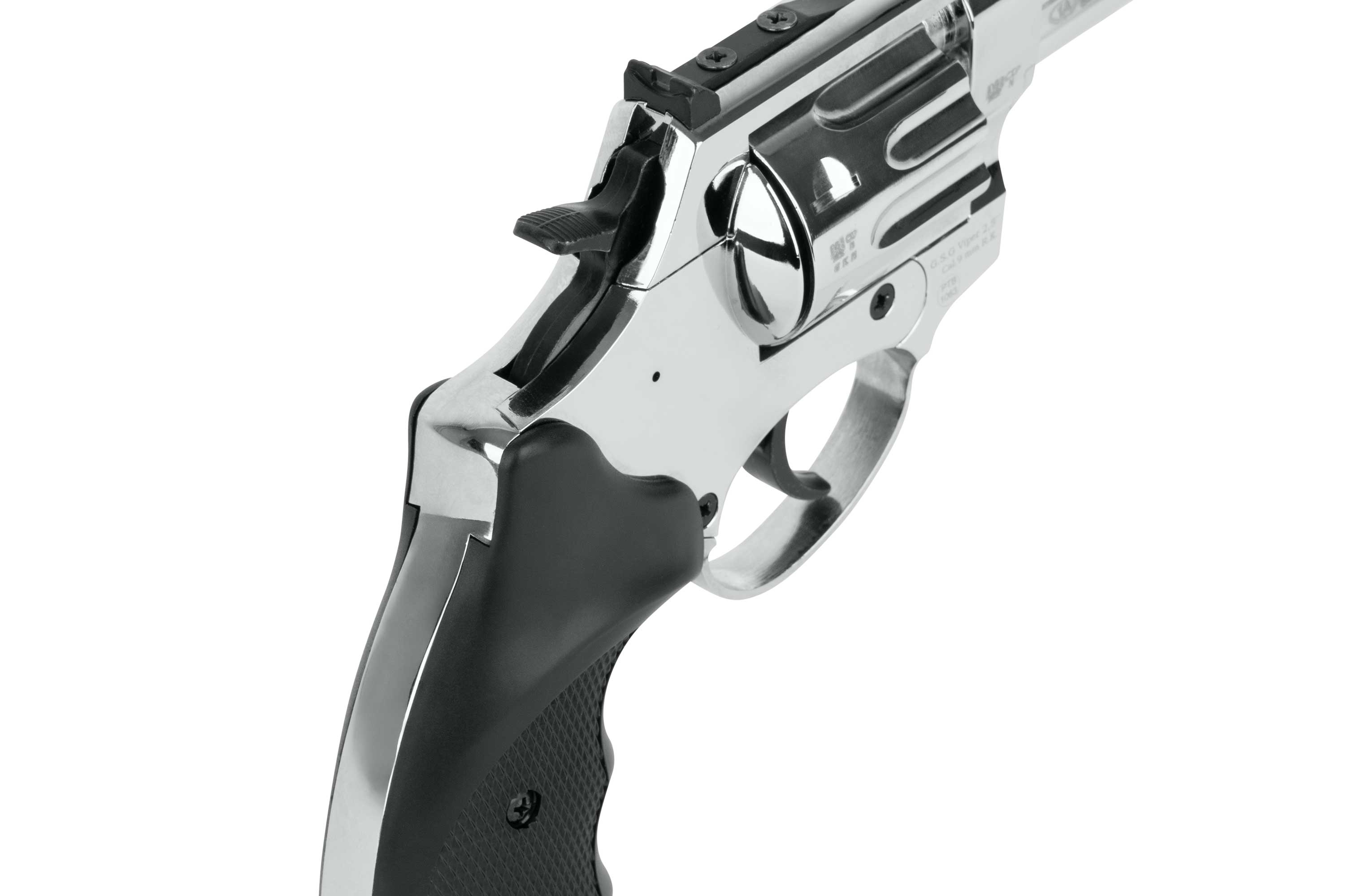 Nahaufnahme eines verchromten GSG Viper 2,5-Zoll-CO2-Revolvers mit schwarzem, strukturiertem Griff und verstellbarem Visier aus Eisen.