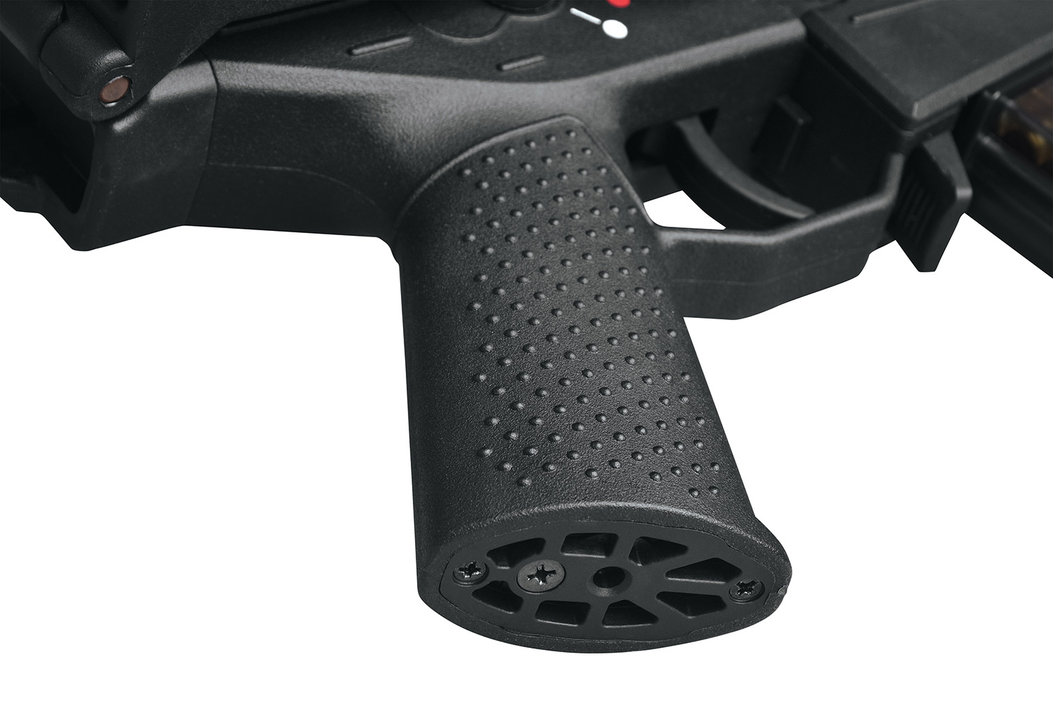 Schwarzer Pistolengriff aus strukturiertem Polymer für Luftgewehre mit ergonomischer Punktierung für verbesserte Handhabung und Kontrolle.