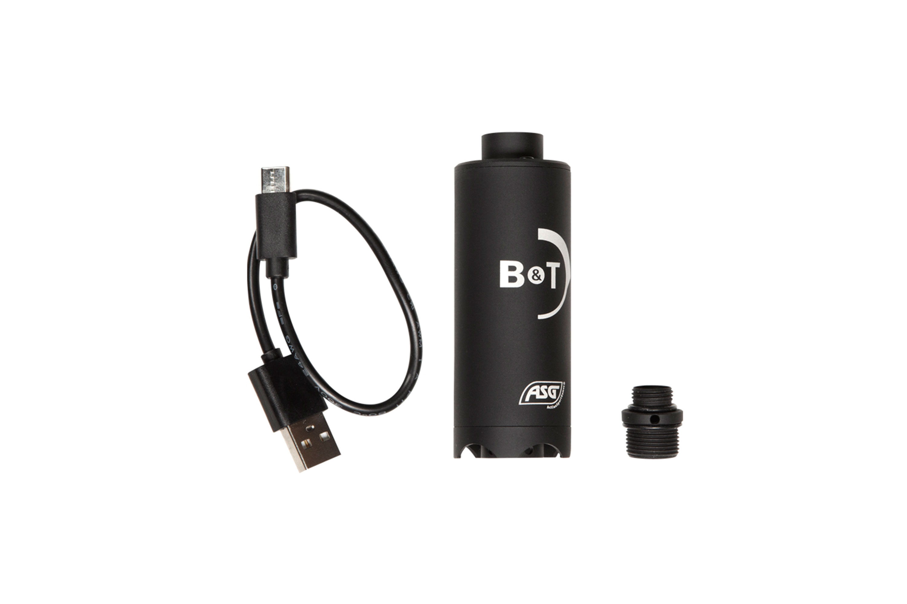 Schwarzes B&T-Tracer-Gerät von ASG mit USB-Ladekabel und Gewindeadapter, isoliert auf weißem Hintergrund.