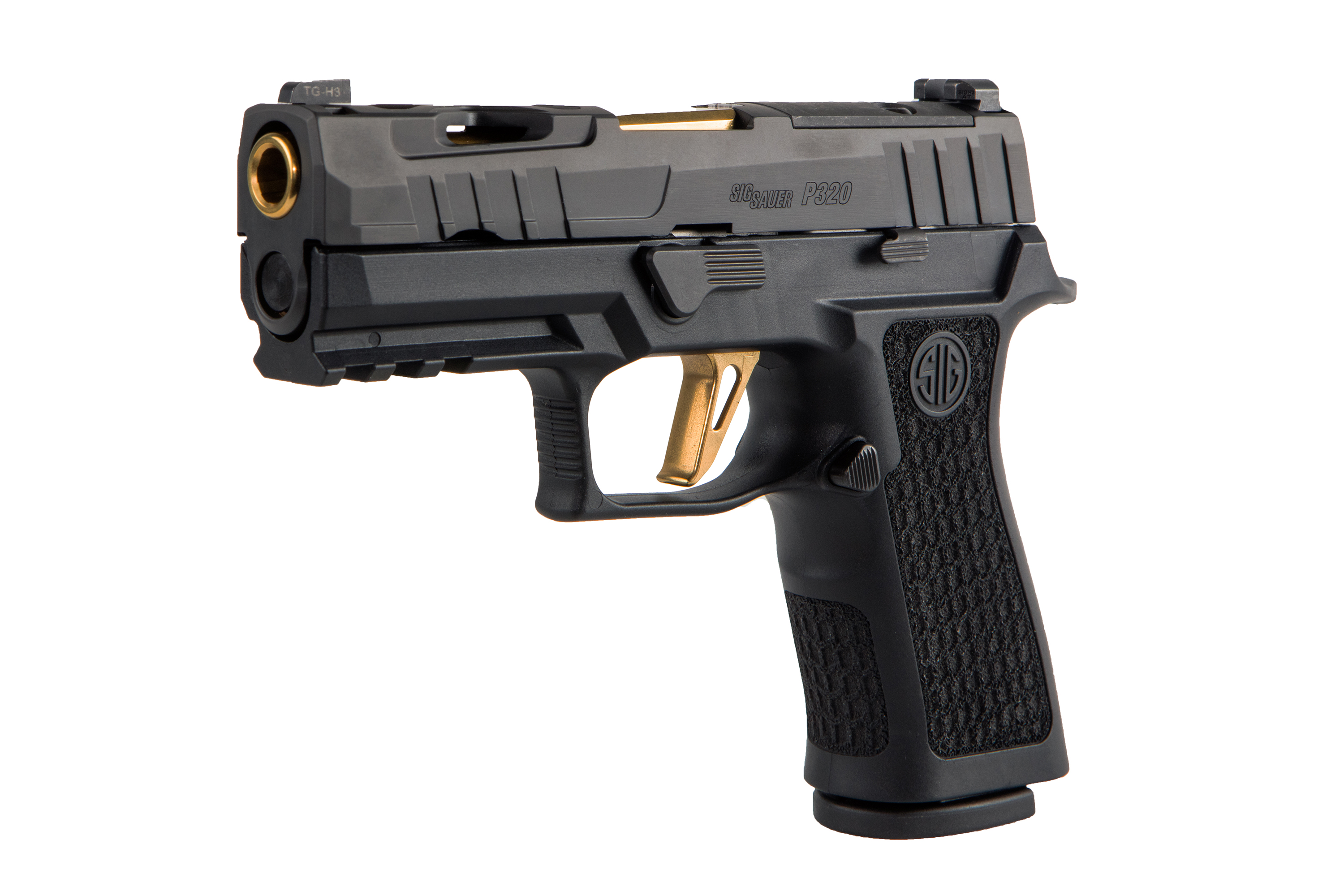 SIG Sauer P320 Luftpistole mit schwarzem Finish und goldenen Akzenten, konzipiert für Präzisionsschießen.