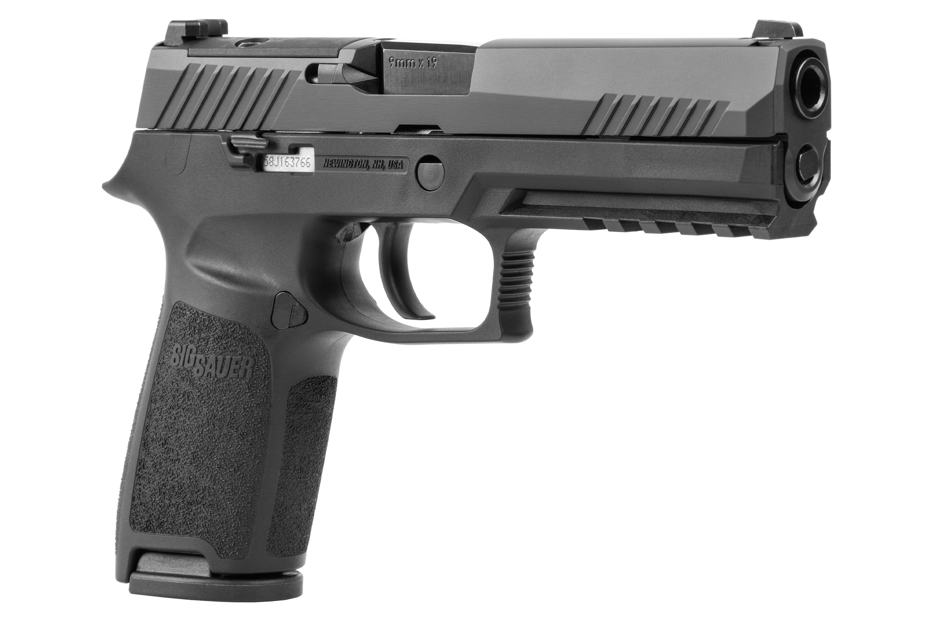 SIG Sauer P320 Luftpistole in Schwarz mit strukturiertem Griff und taktischer Schiene für Zubehör.