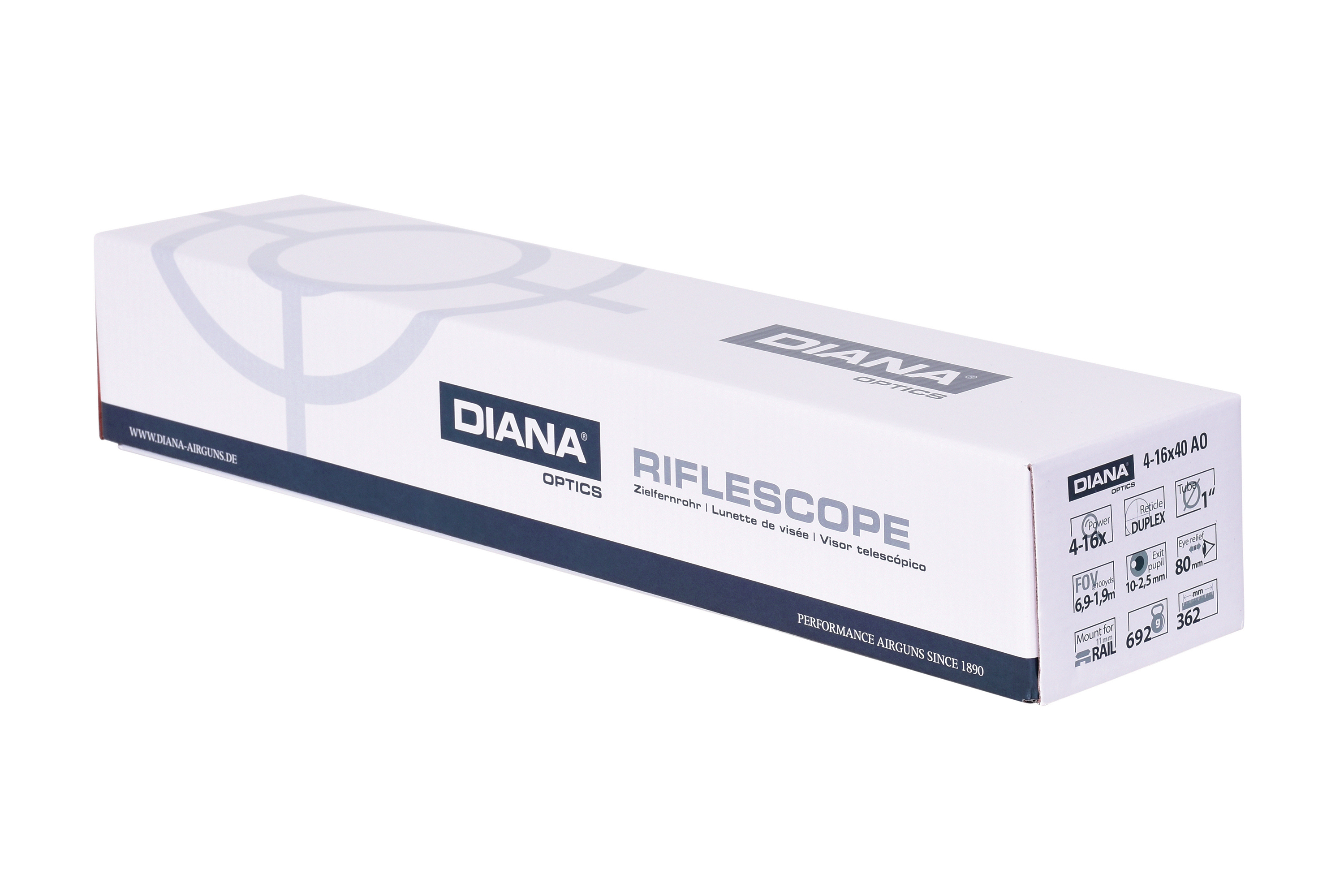 Weiße Verpackung für ein Zielfernrohr Diana Optics 4-16x40 AO mit technischen Spezifikationen und Branding-Details.