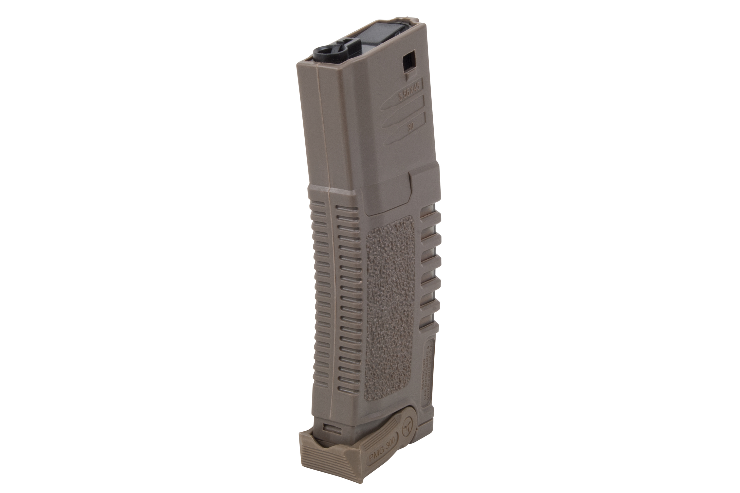 Hellbraunes PMG-300-Polymermagazin für Gewehre im Kaliber 5,56 x 45 mit strukturierter Griffoberfläche und langlebiger Konstruktion.