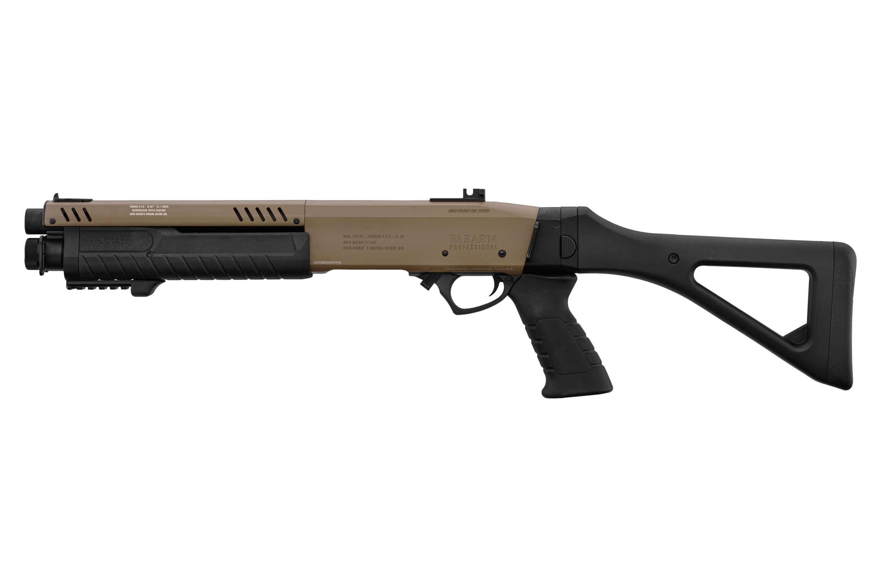 Fabarm Professional STF 12 Schrotflinte in Hellbraun und Schwarz, mit taktischem Skelettschaft und langlebiger Metalloberfläche.