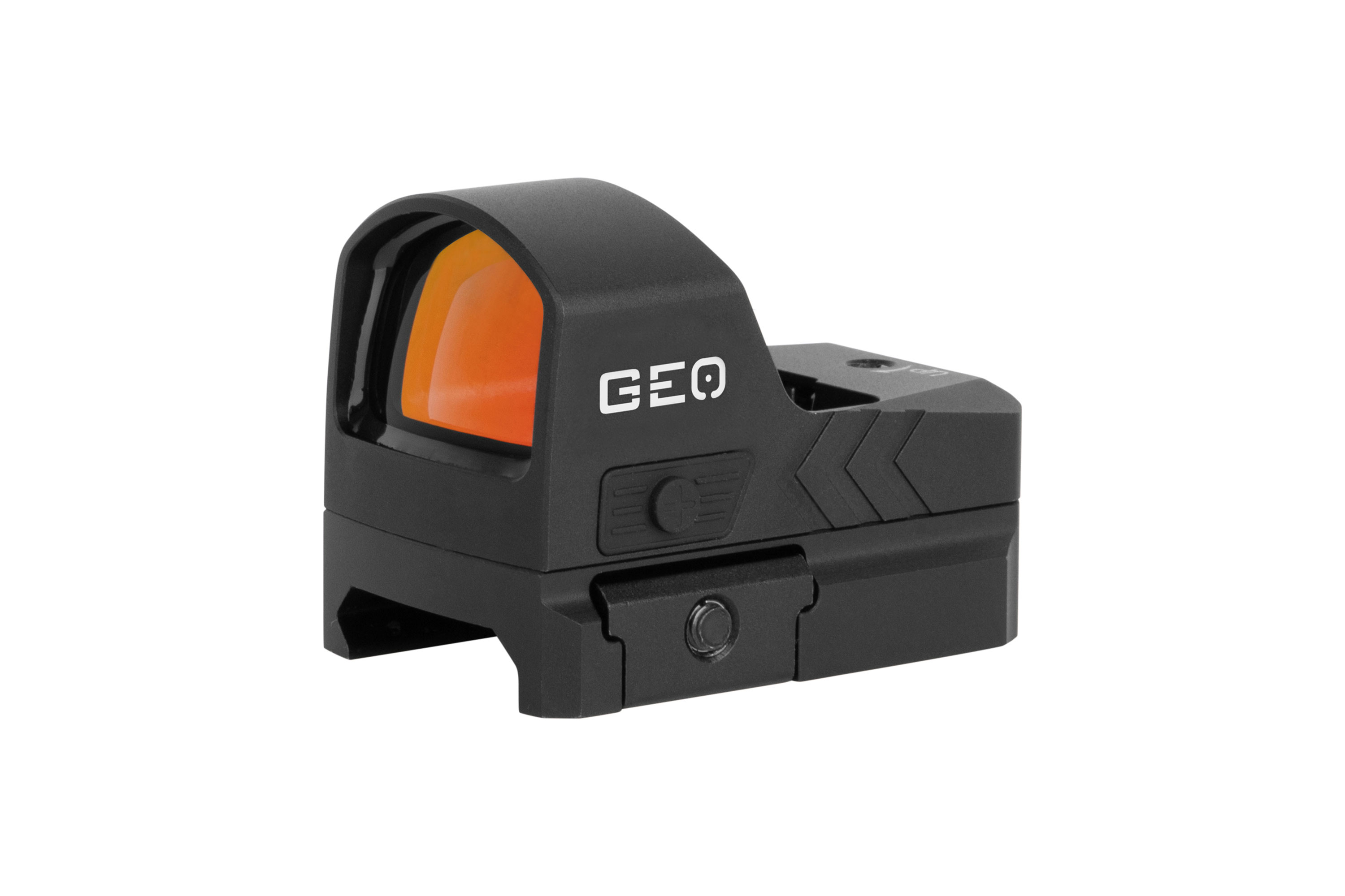 Schwarzes GEO-Reflex-Leuchtpunktvisier mit orangefarbener Linse und kompaktem Design zur Montage an Luftpistolen oder Gewehren.