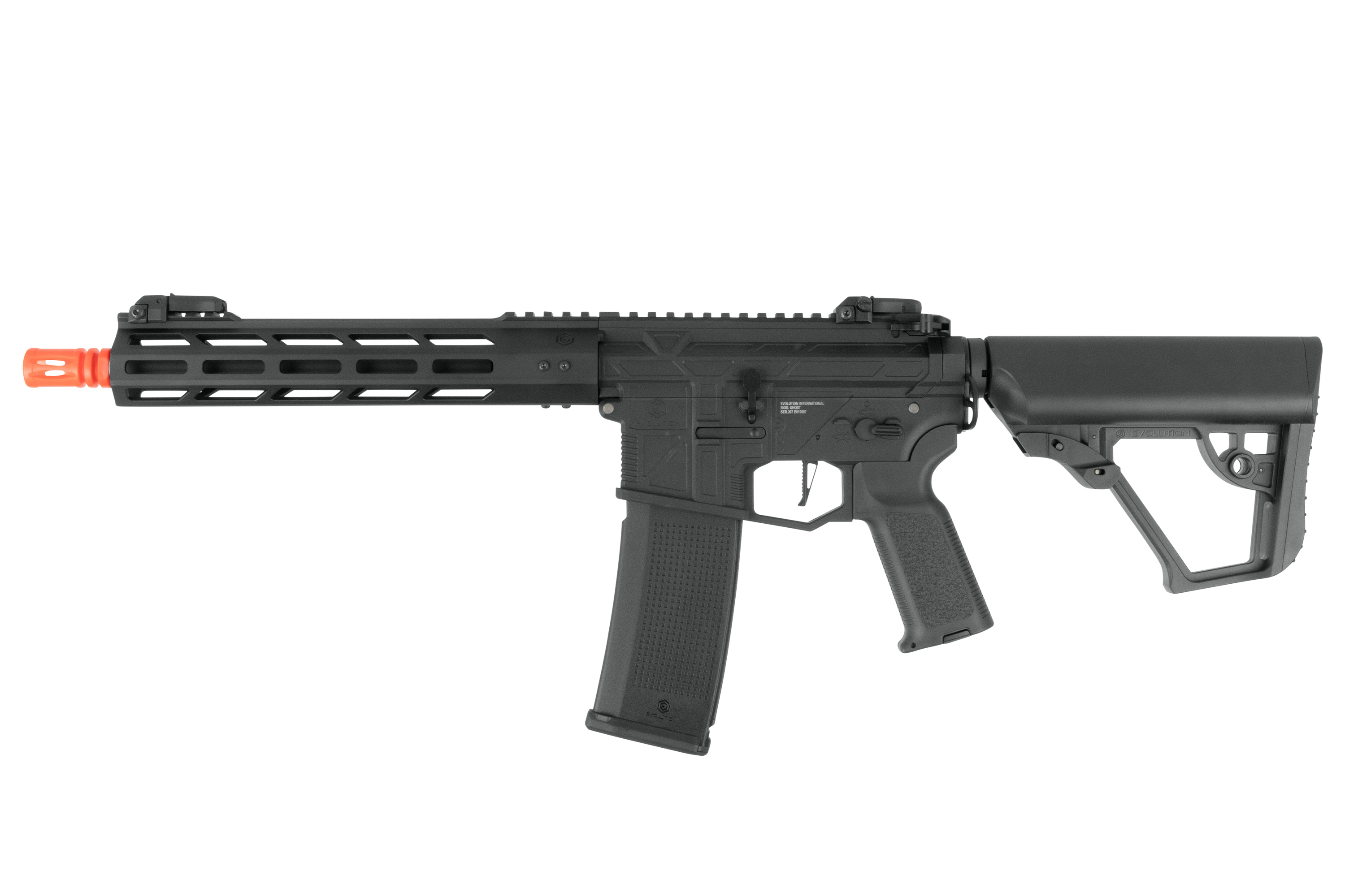 Black Evolution International Airsoft-Gewehr mit M-LOK-Handschutz, verstellbarem Schaft und orangefarbener Spitze auf weißem Hintergrund.