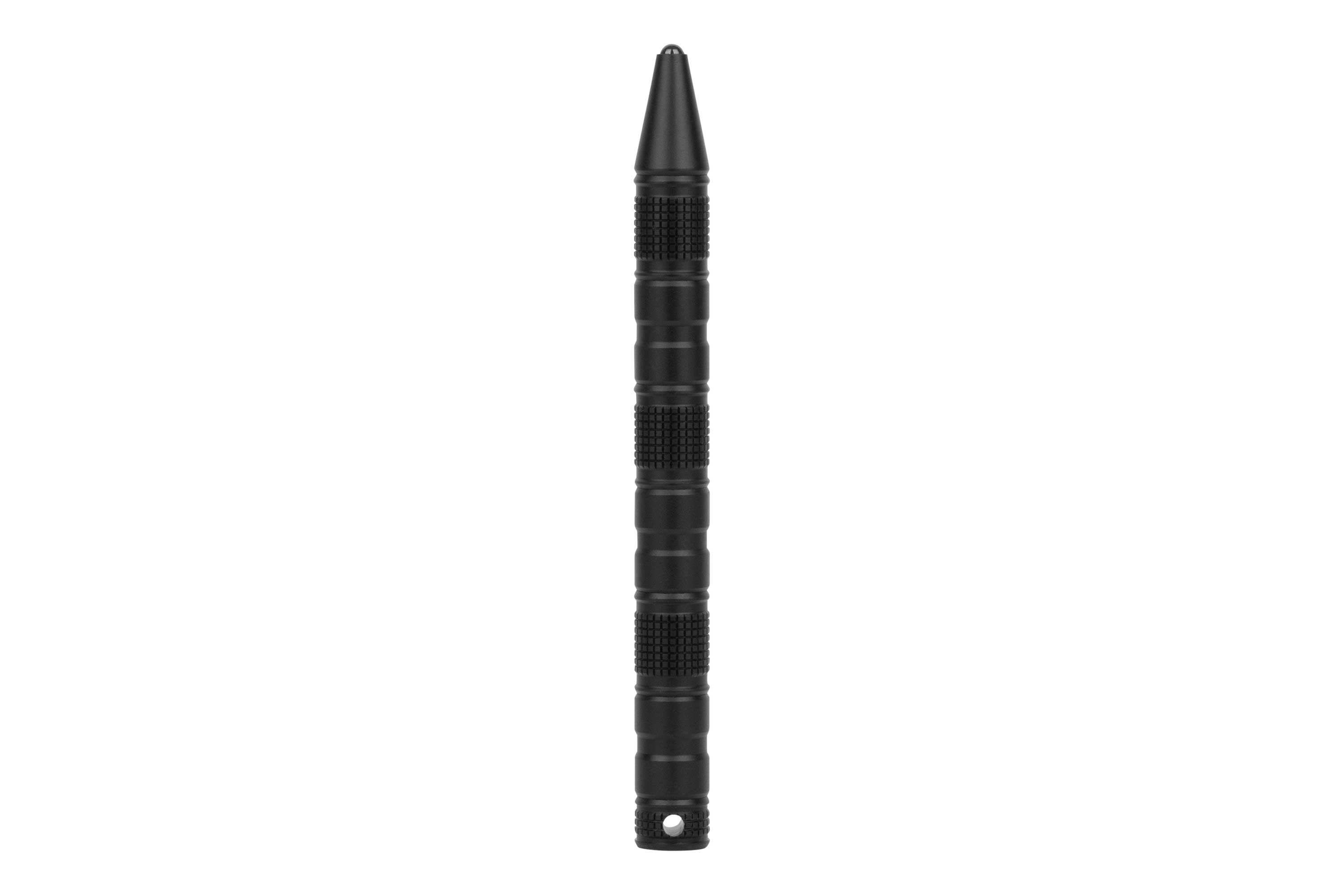 Schwarzer taktischer Stift mit strukturiertem Griff und spitzer Spitze zur Selbstverteidigung und zum Schreiben.