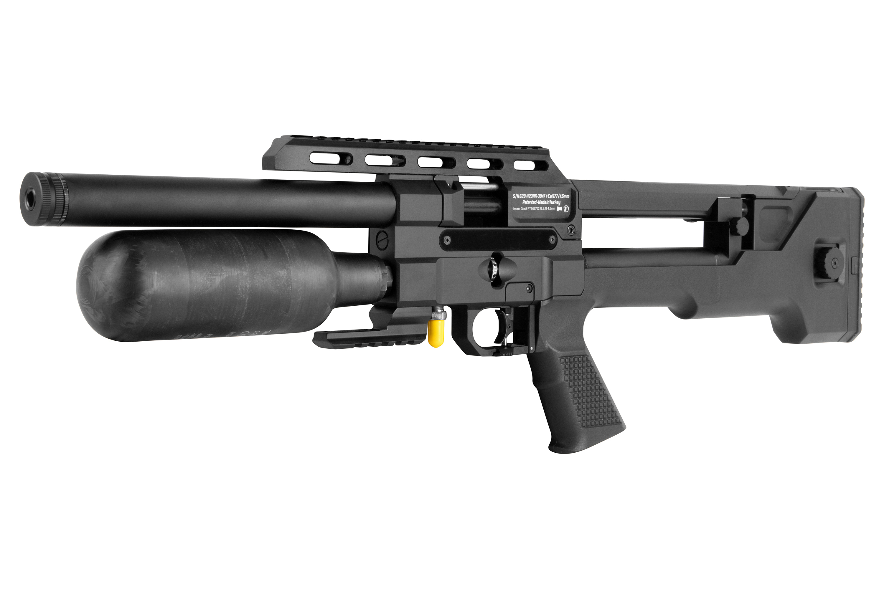 Schwarzes Luftgewehr mit elegantem Design, großem Lufttank und taktischer Schiene für Zubehör.