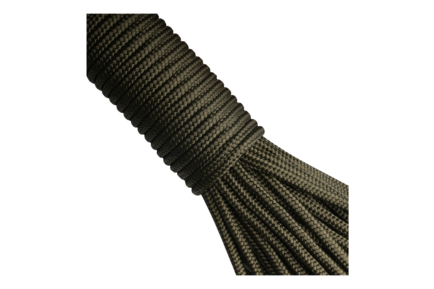 Eine Nahaufnahme von strapazierfähigem olivgrünem Paracord mit einer eng geflochtenen Nylonstruktur für den Einsatz als taktische Outdoor-Ausrüstung.
