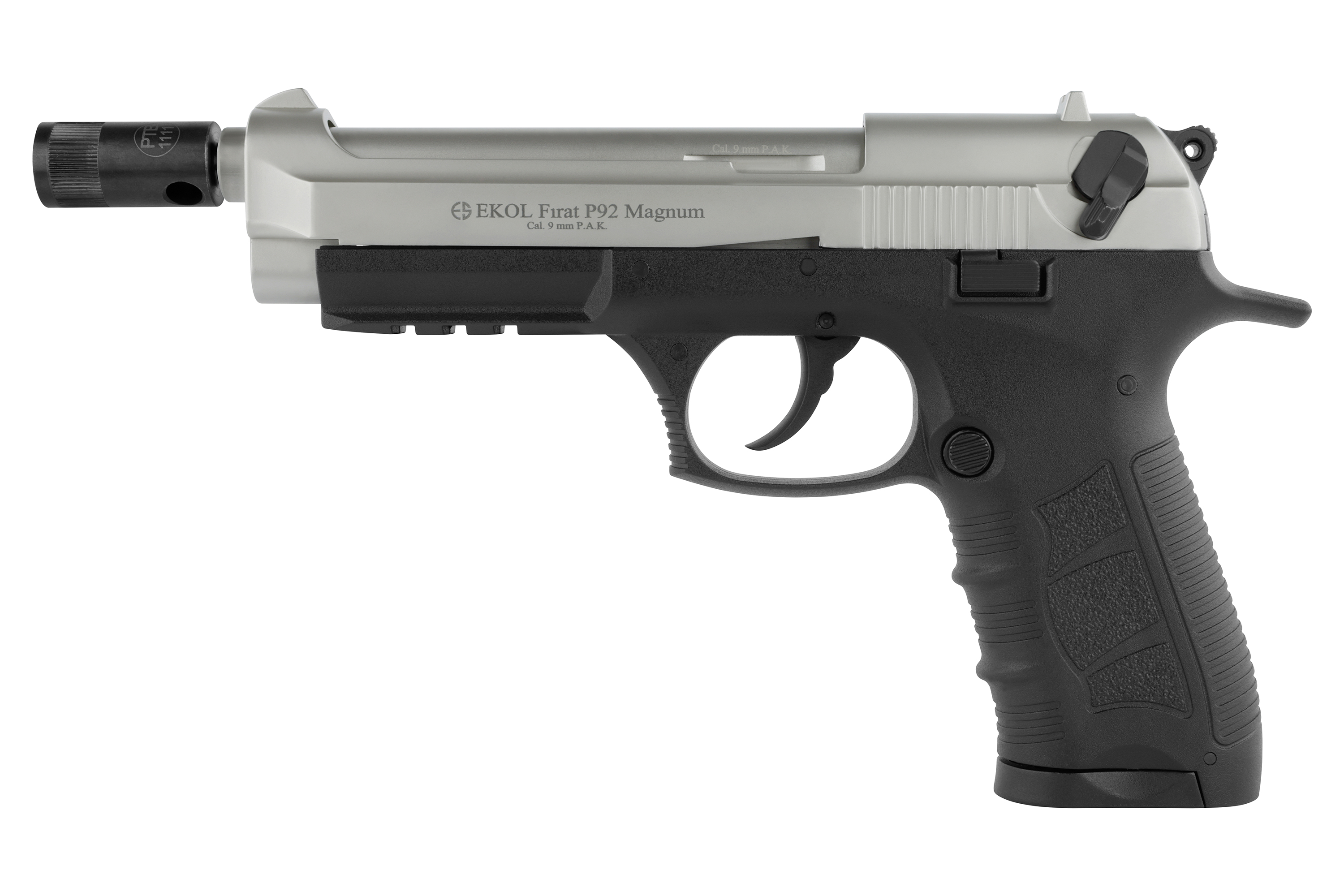 EKOL Firat P92 Magnum Luftpistole in Silber und Schwarz mit strukturiertem Griff und taktischer Schiene.